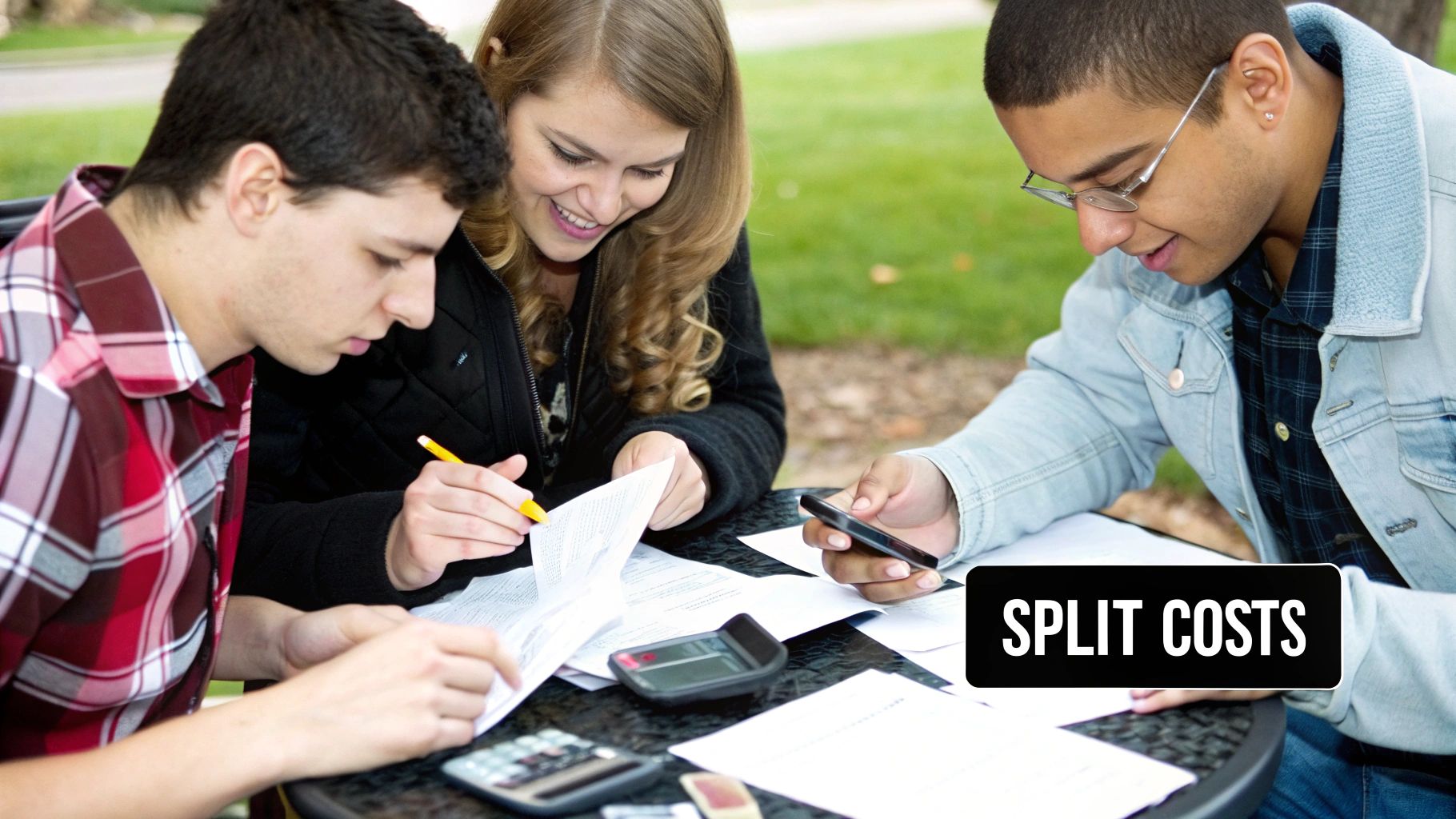 Group of Friends Using Smartphones to Manage Shared Expenses