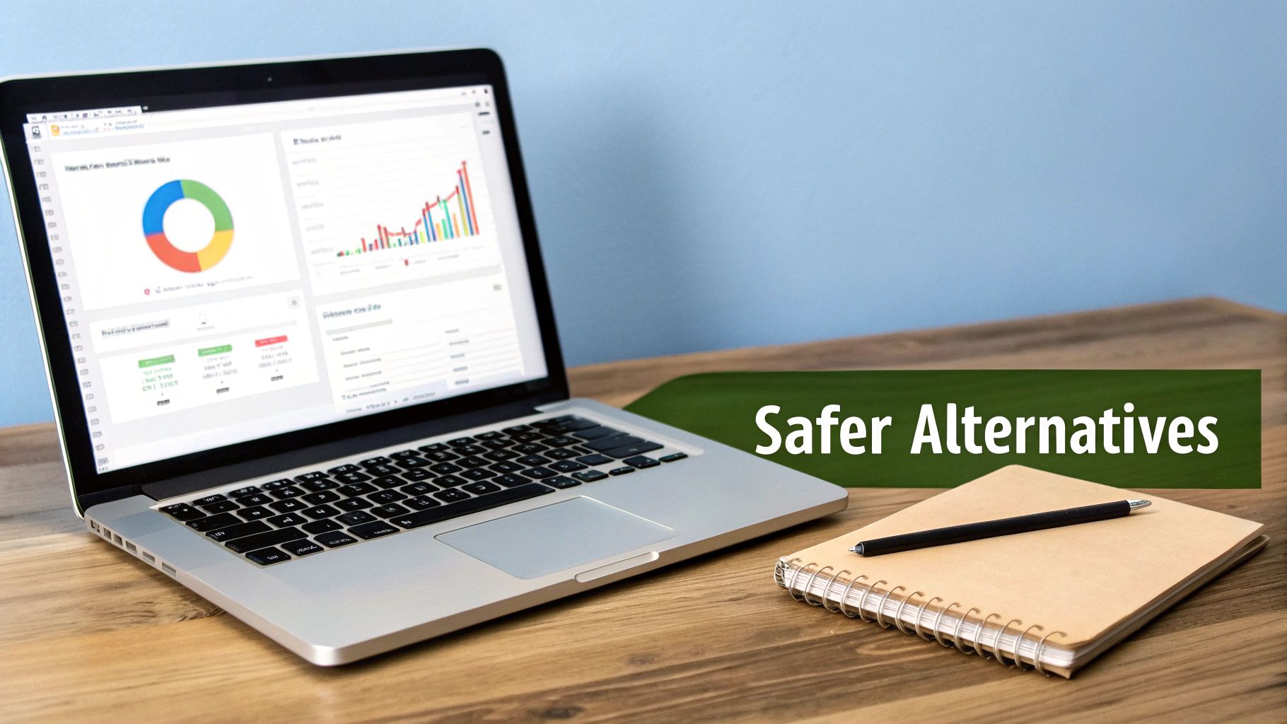 A laptop displaying data analytics and charts, with a notebook, pen, and 'Safer Alternatives' banner.