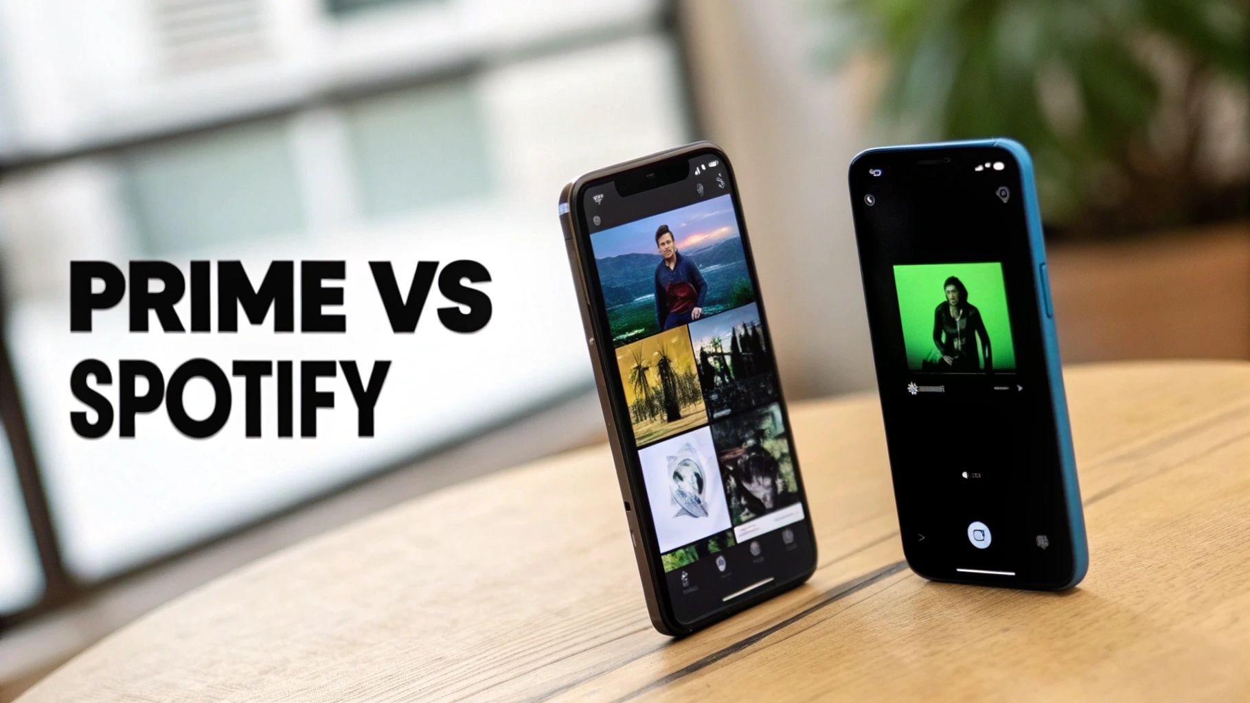 Two smartphones comparing Prime and Spotify apps, one showing content, the other a green screen.