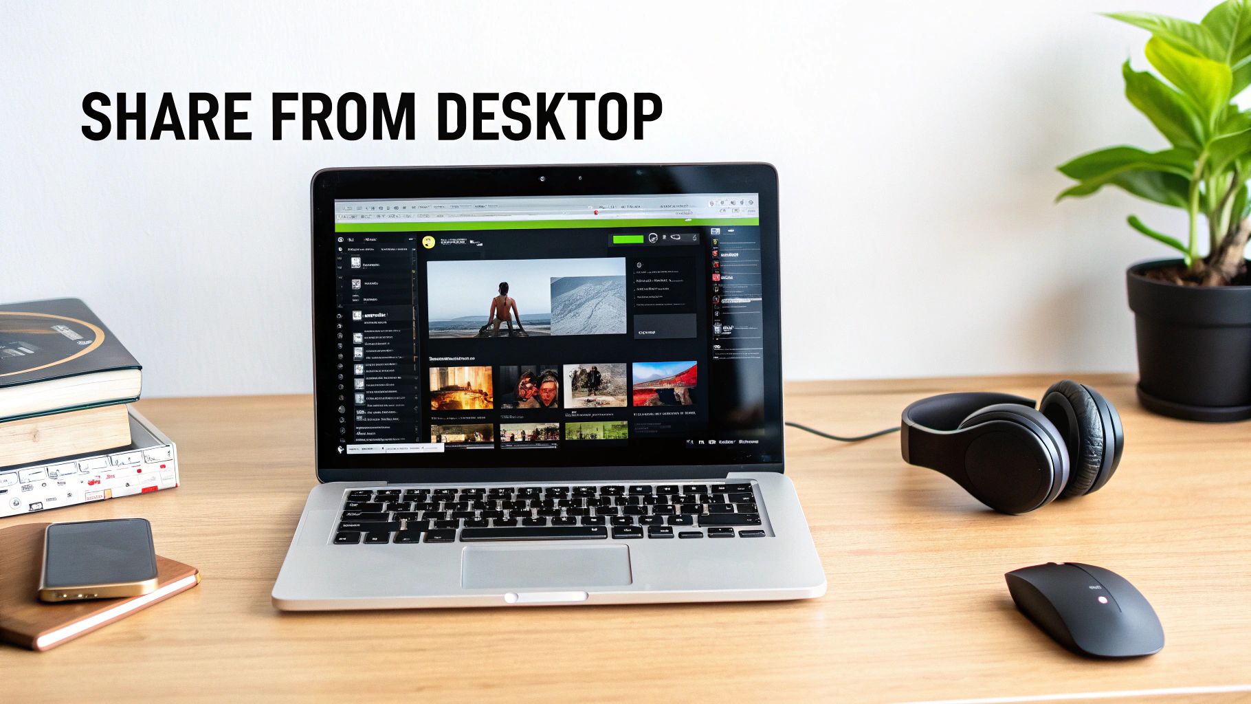 A laptop on a wooden desk displaying a content sharing interface, with headphones, books, and a plant.