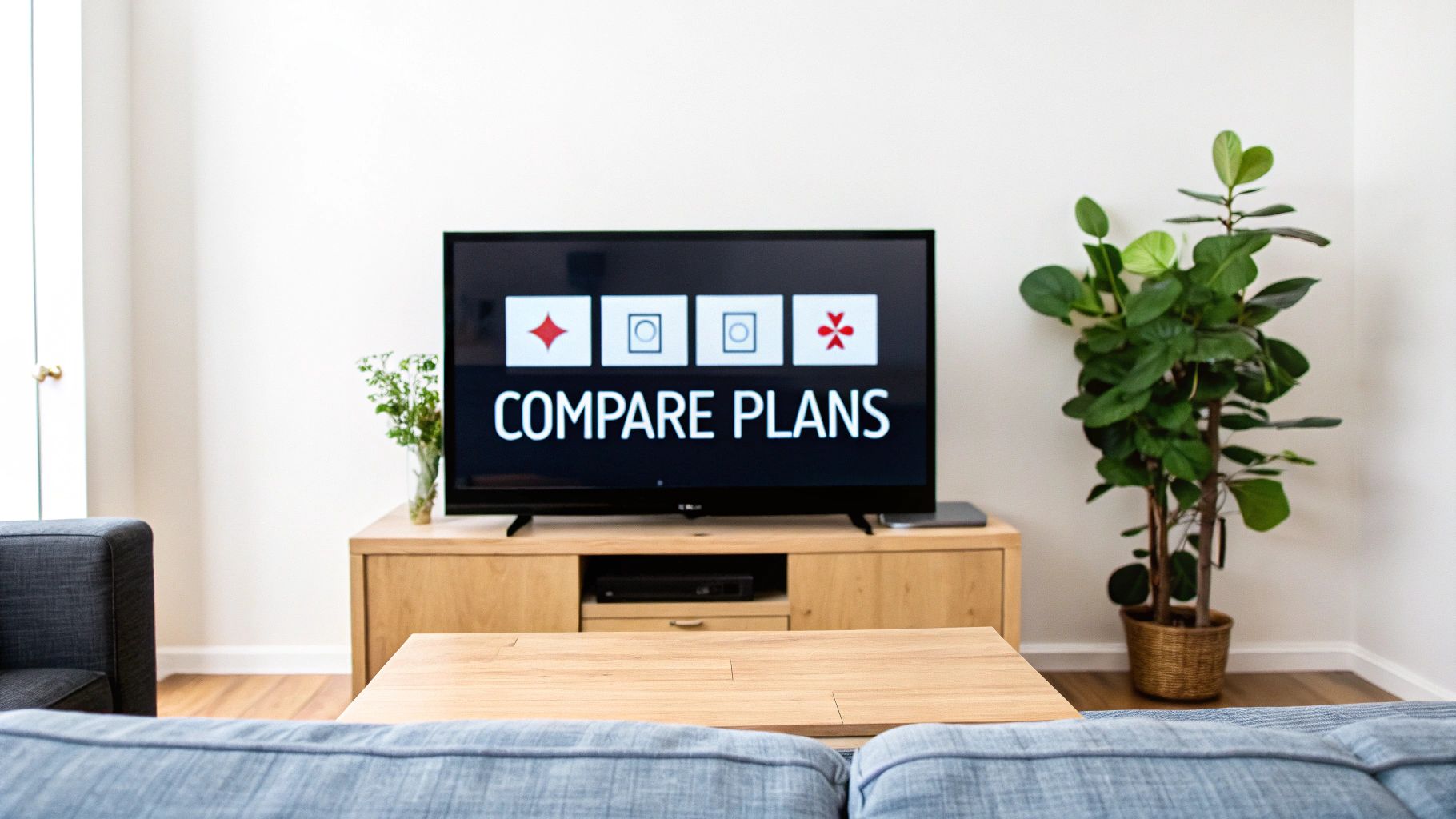 A living room with a TV displaying 'COMPARE PLANS' and various symbols, on a wooden console.