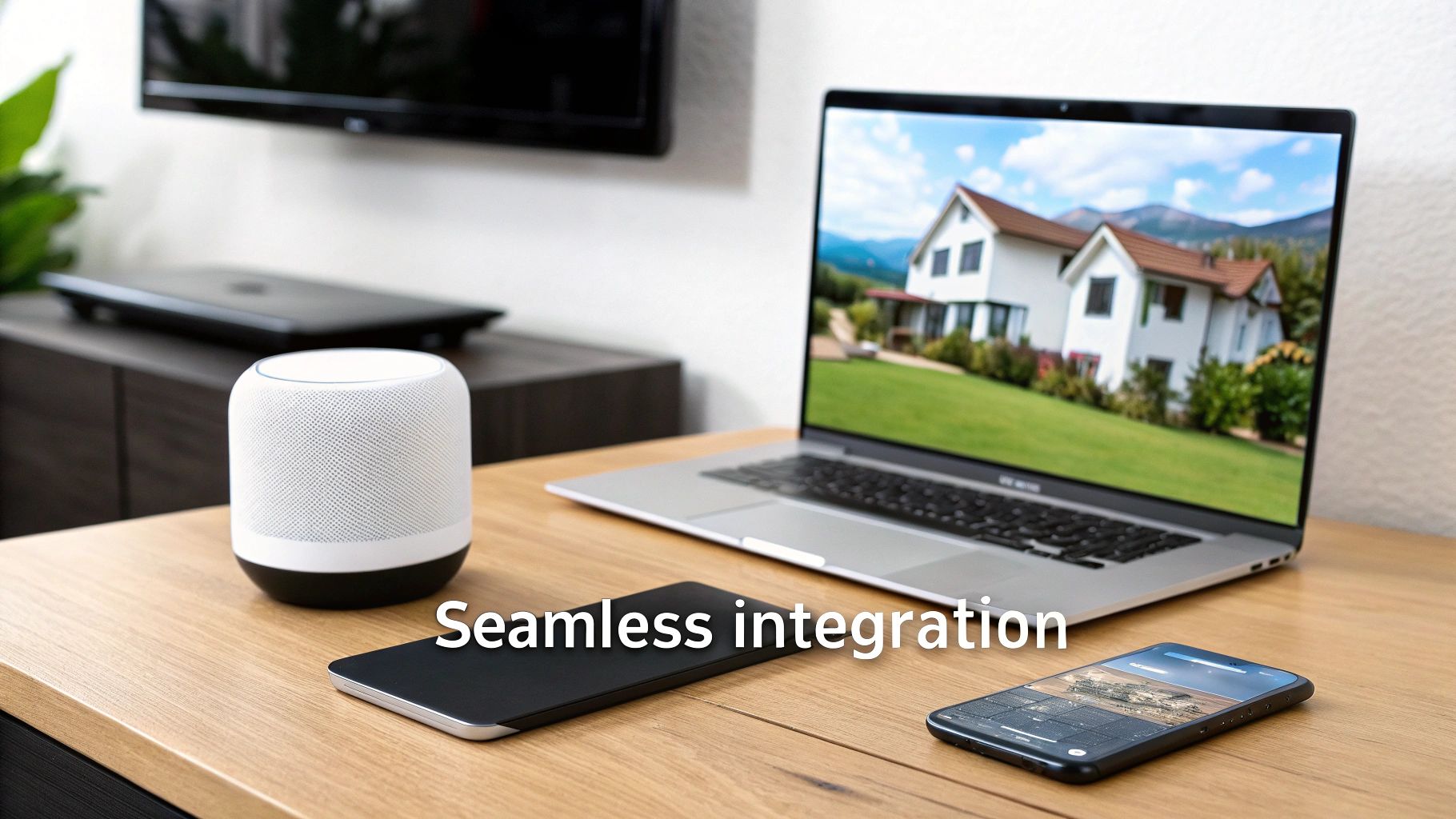 Smart home devices including a speaker, laptop, and smartphone on a wooden table, emphasizing seamless integration.