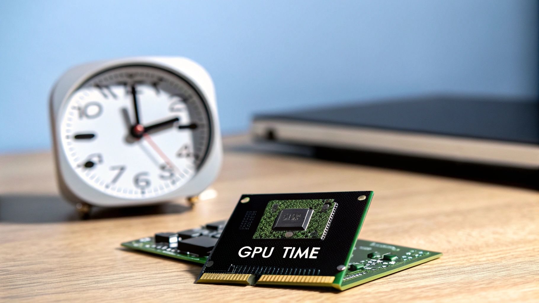 A GPU circuit board with 'GPU TIME' text on a wooden desk with a blurry clock in the background.