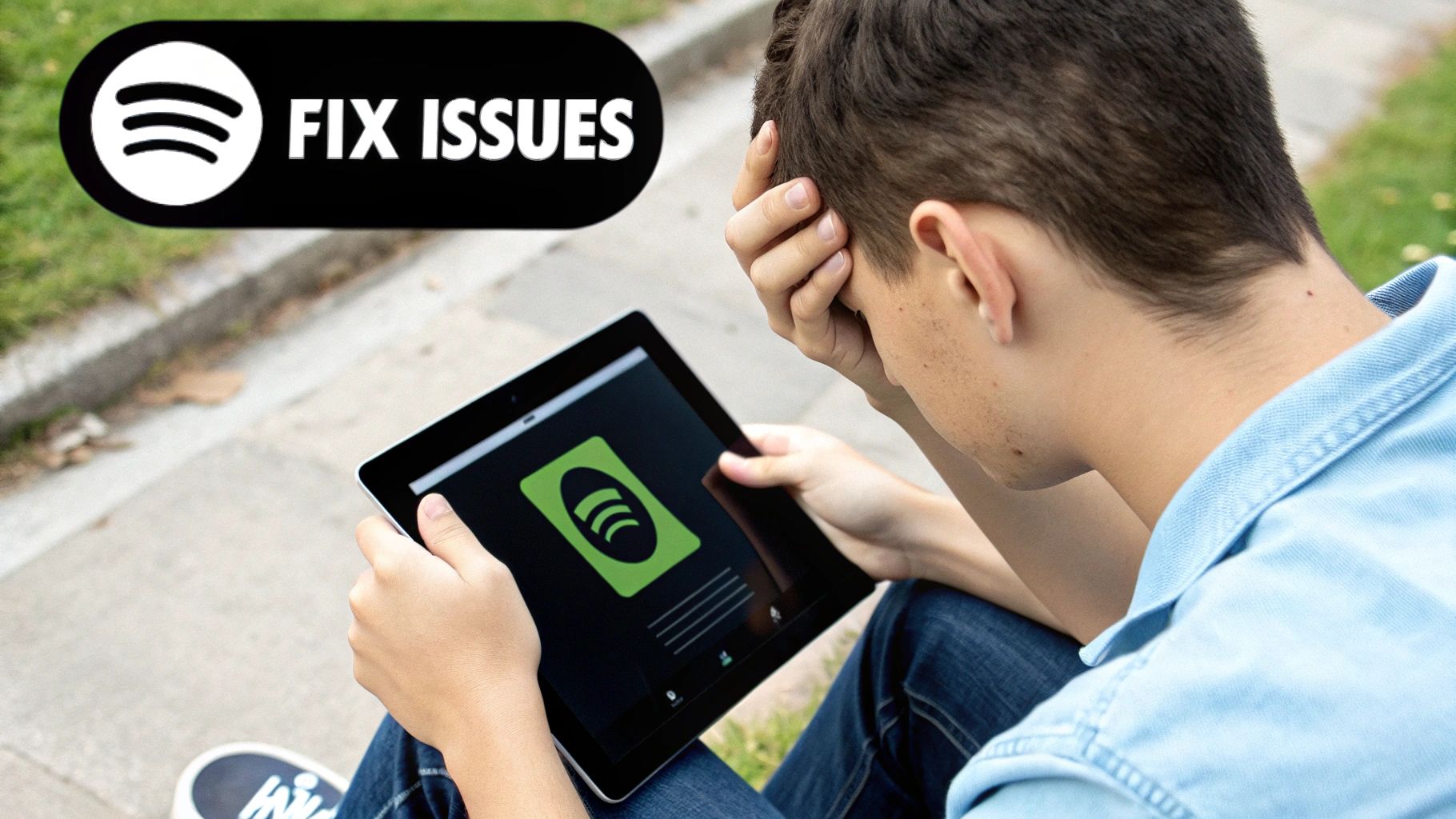 A person looking at a smartphone with an error message on the Spotify app.