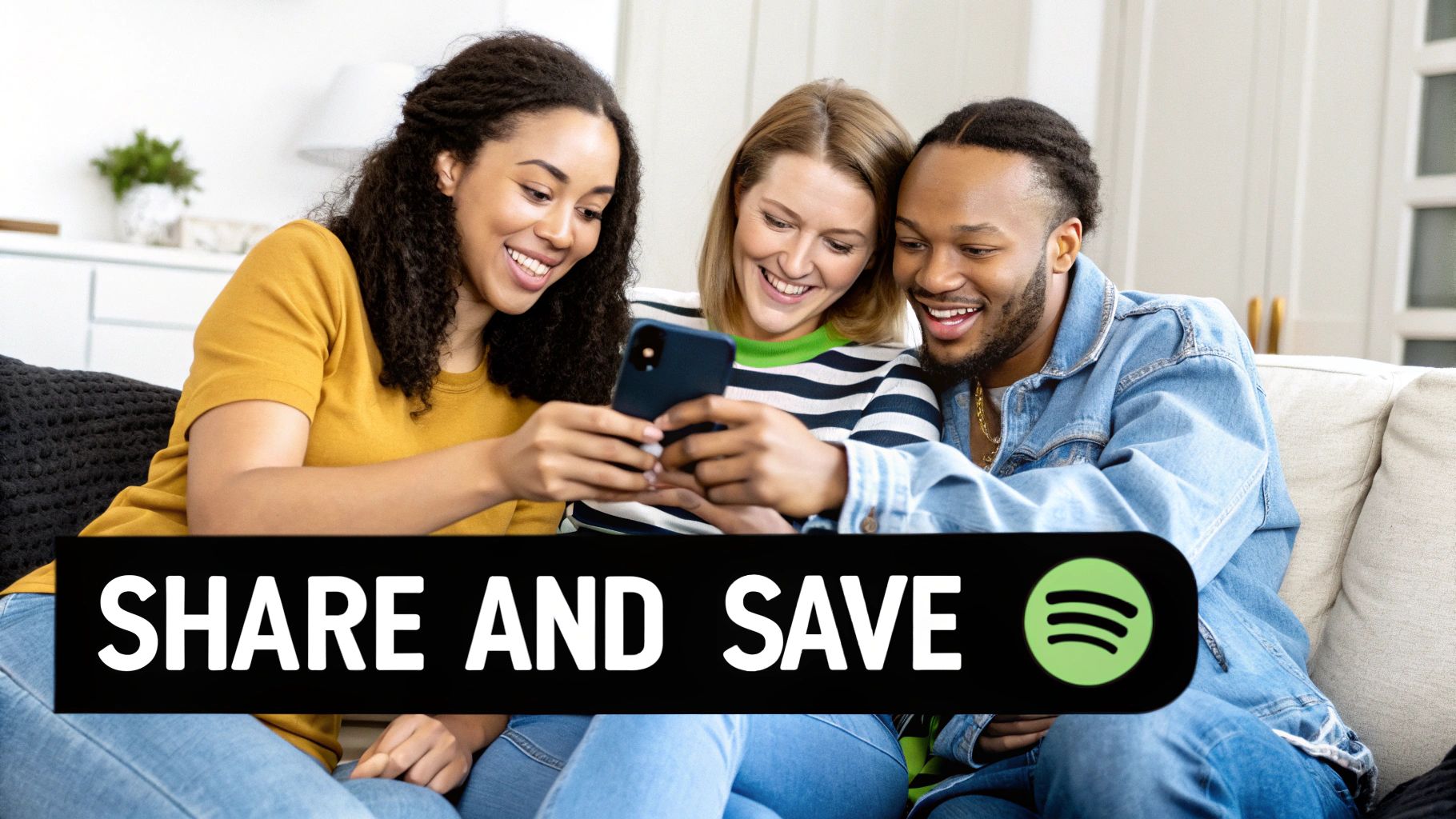 Three smiling friends sharing music on a smartphone, with 'SHARE AND SAVE' and Spotify logo.