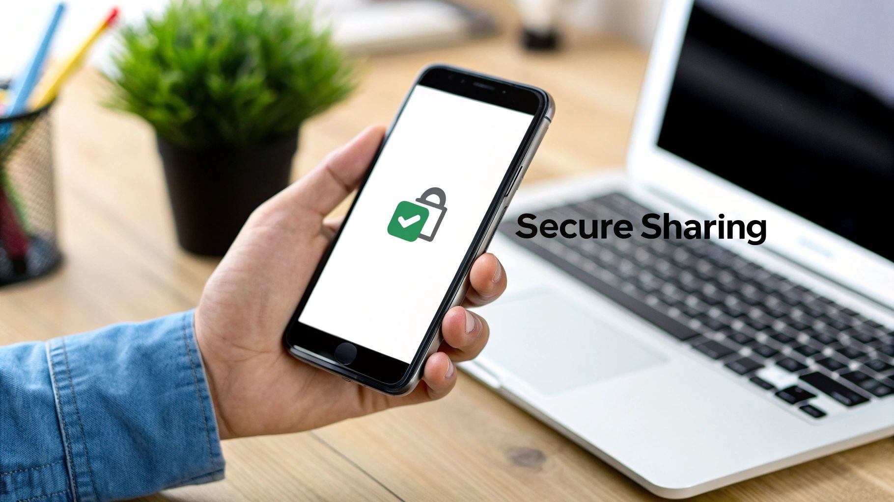A person holds a smartphone displaying a secure sharing icon with a laptop and plant in the background.