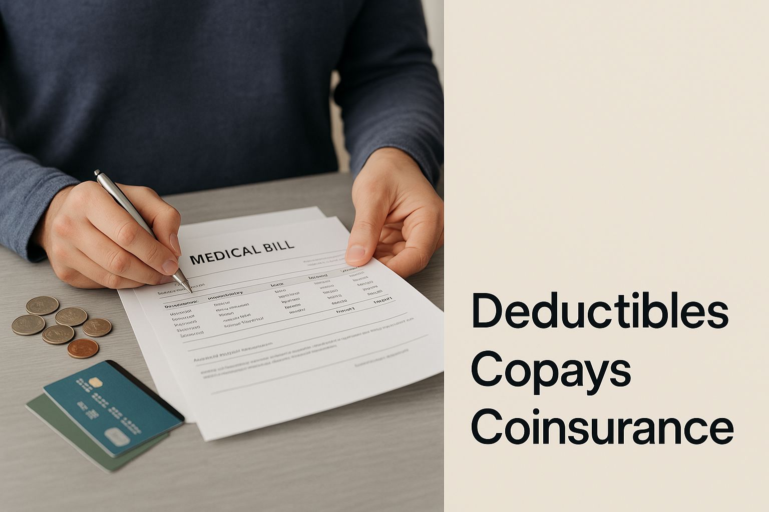 A person reviews medical bills with coins and cards on a table, with a text block that reads 'Deductibles Copays Coinsurance'.