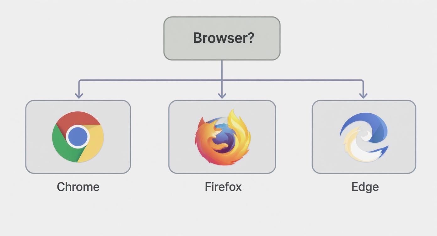 Diagram showing three web browser options Chrome, Firefox, and Edge with their logos