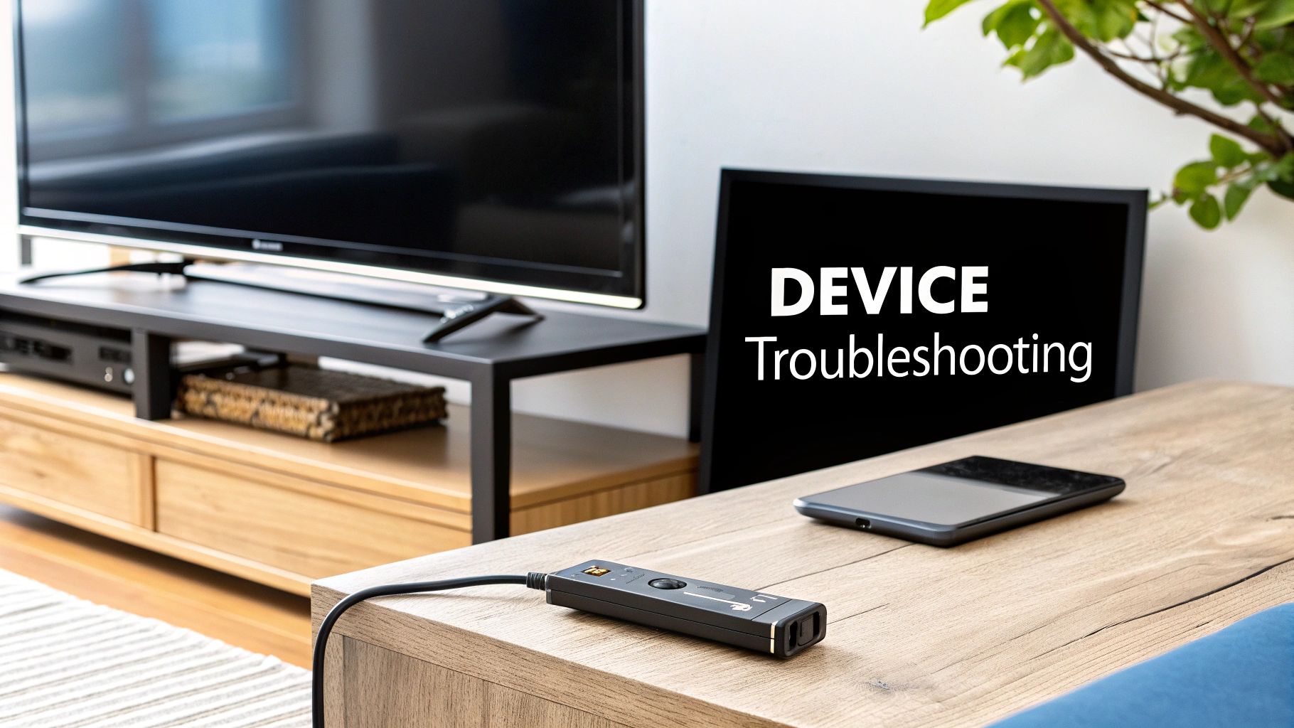 A living room with a TV, a connected device, and a screen showing 'DEVICE Troubleshooting' on a wooden table.