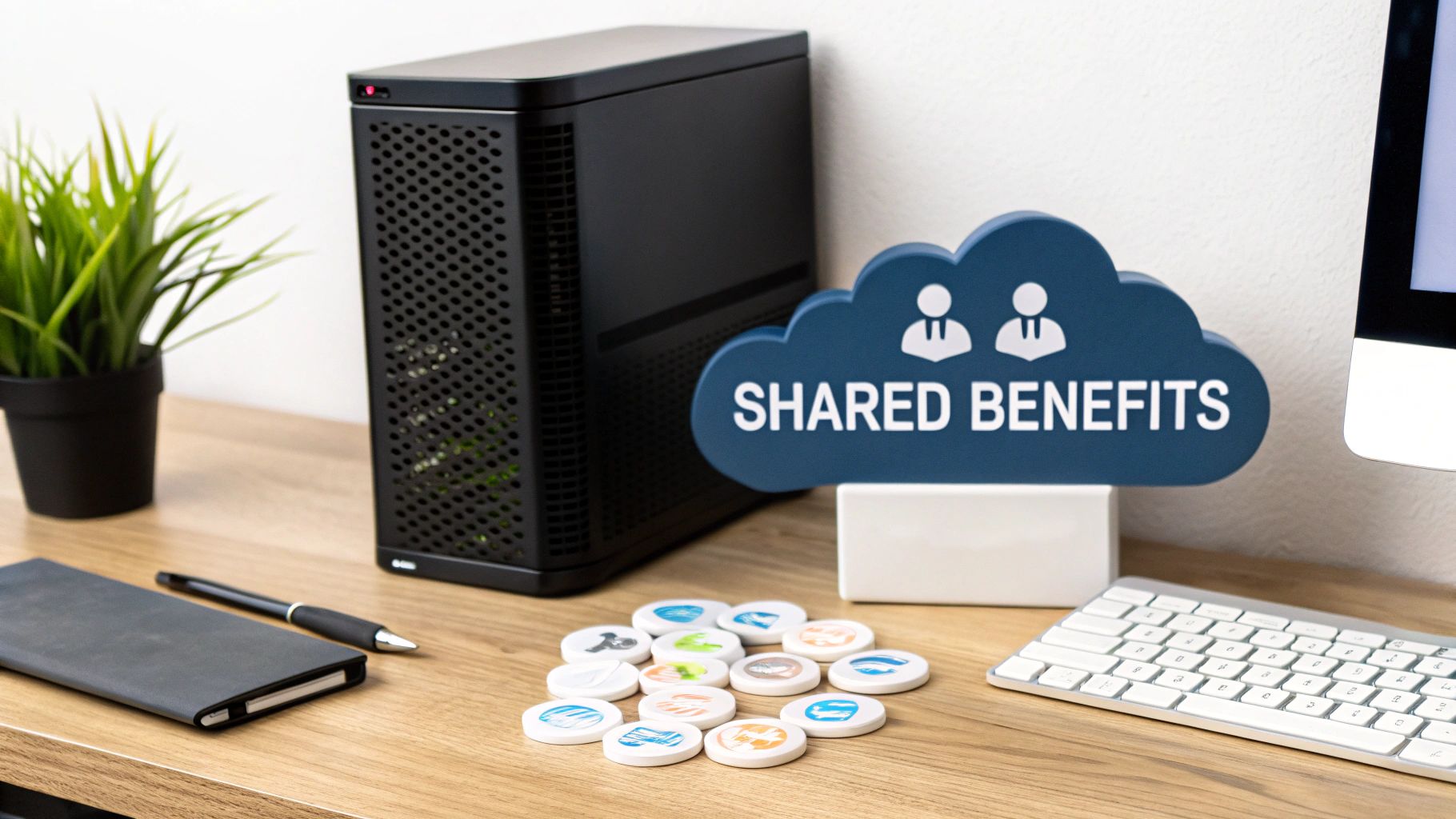 Office desk with computer, a cloud sign saying 'SHARED BENEFITS', symbolizing multi-tenant services.