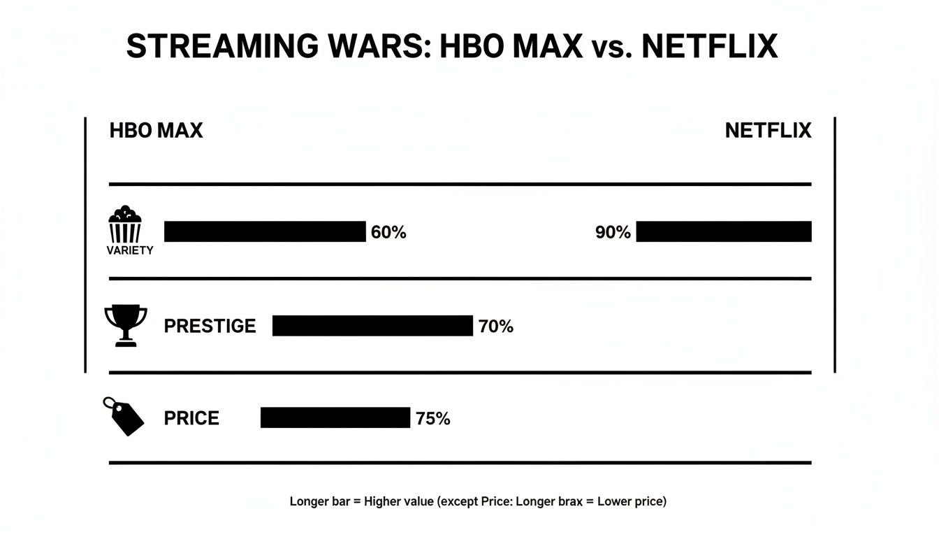 Bar chart comparing HBO Max and Netflix on Variety, Prestige, and Price metrics.