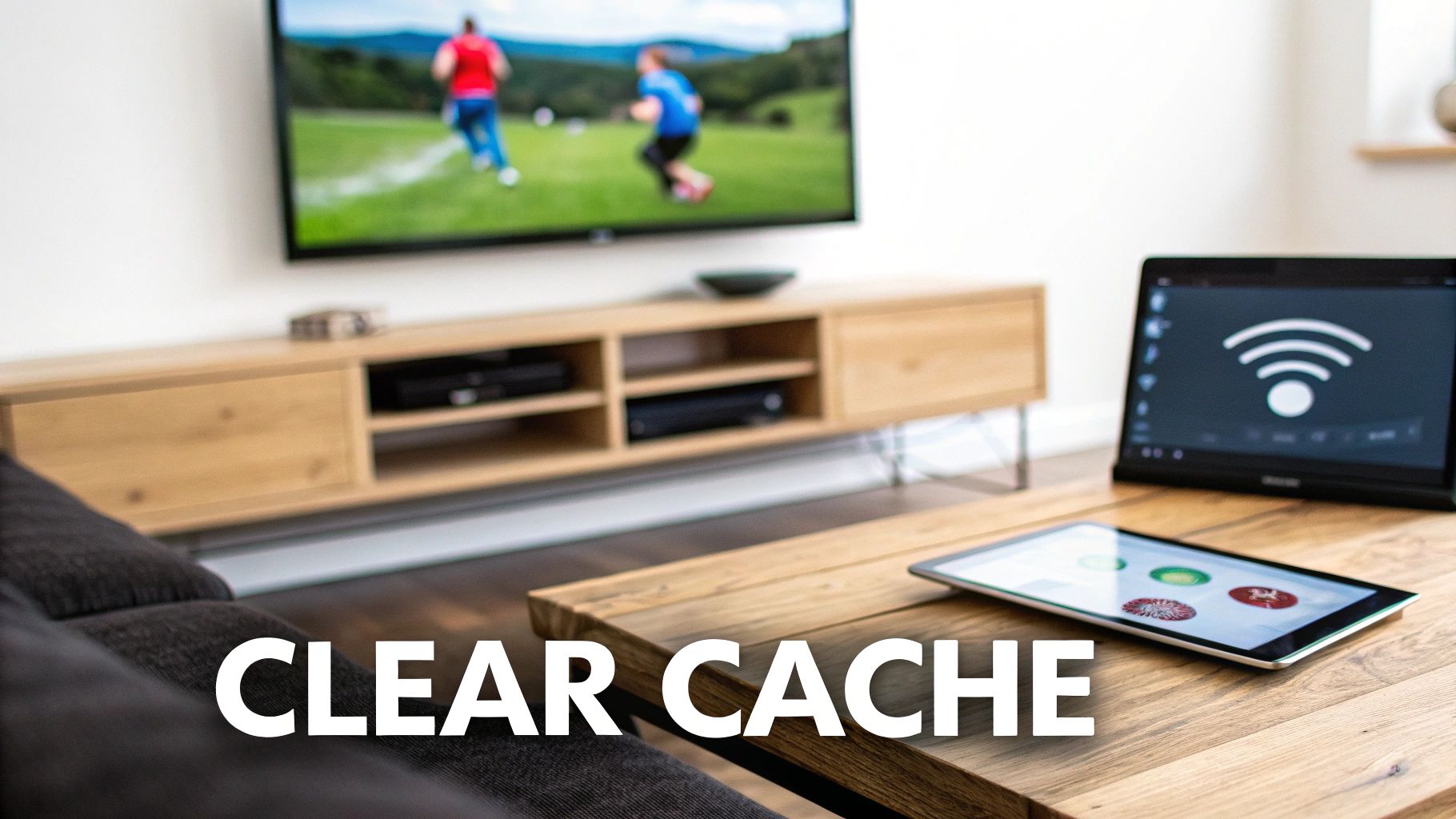 Modern living room with TV streaming content, laptop showing WiFi symbol, and tablet on wooden table