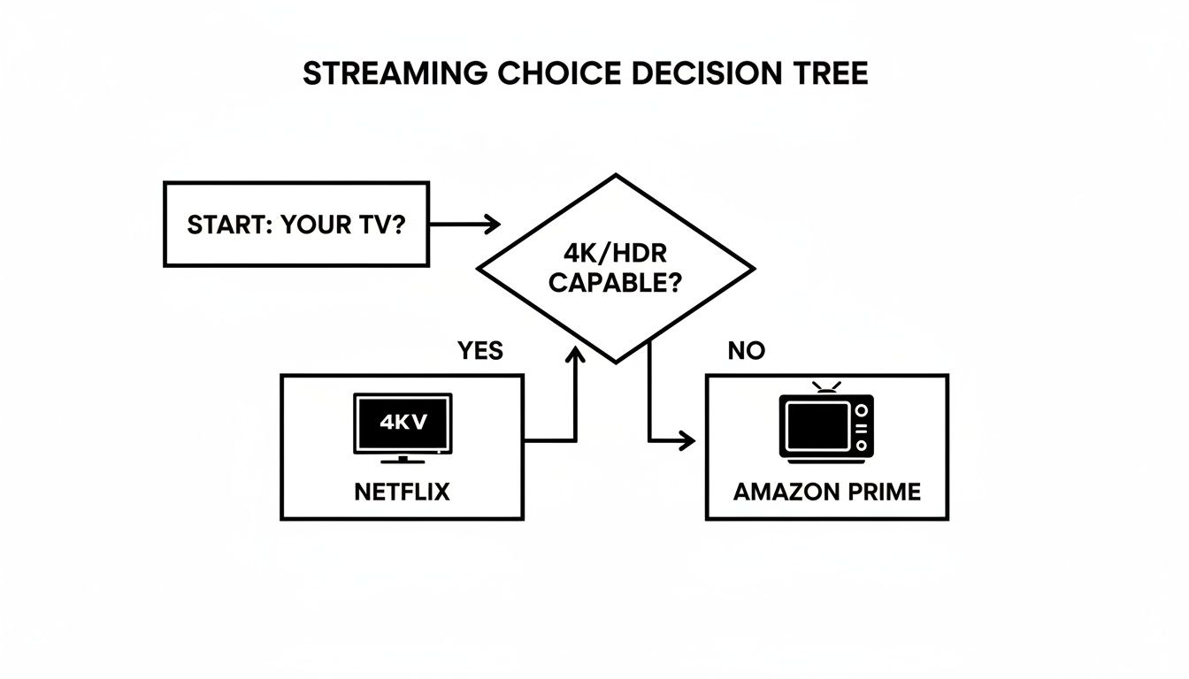 Flowchart guiding streaming choice: Netflix for 4K/HDR TVs, Amazon Prime for non-4K/HDR TVs.