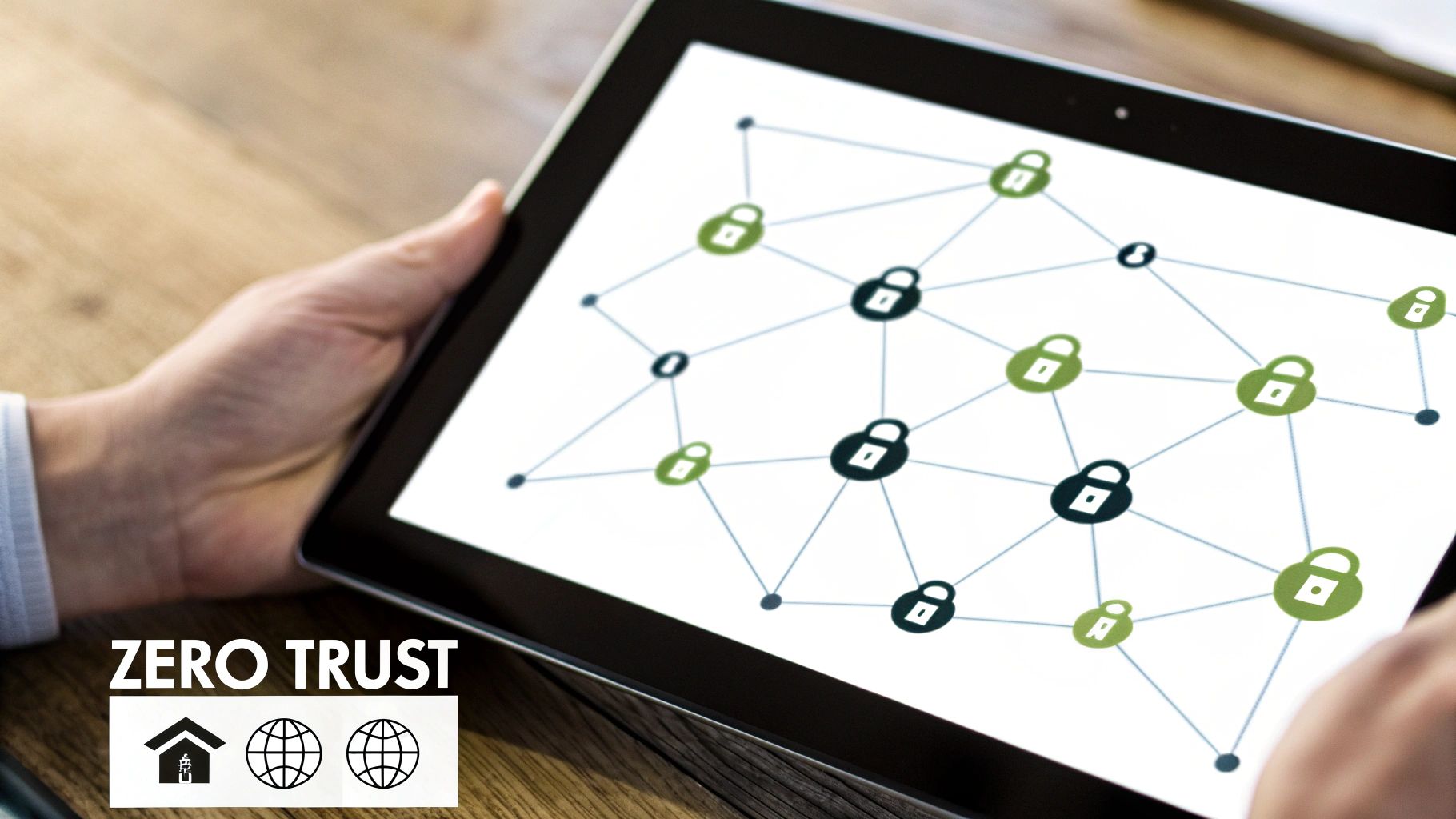A digital illustration of a shield with a fingerprint icon in the center, surrounded by interconnected nodes representing a network, symbolizing the Zero Trust principle of verifying every access request.