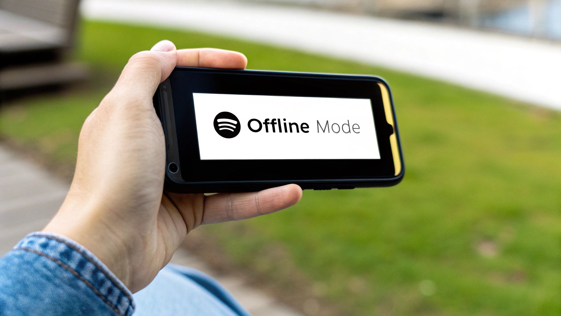 A person using Spotify offline on their phone.