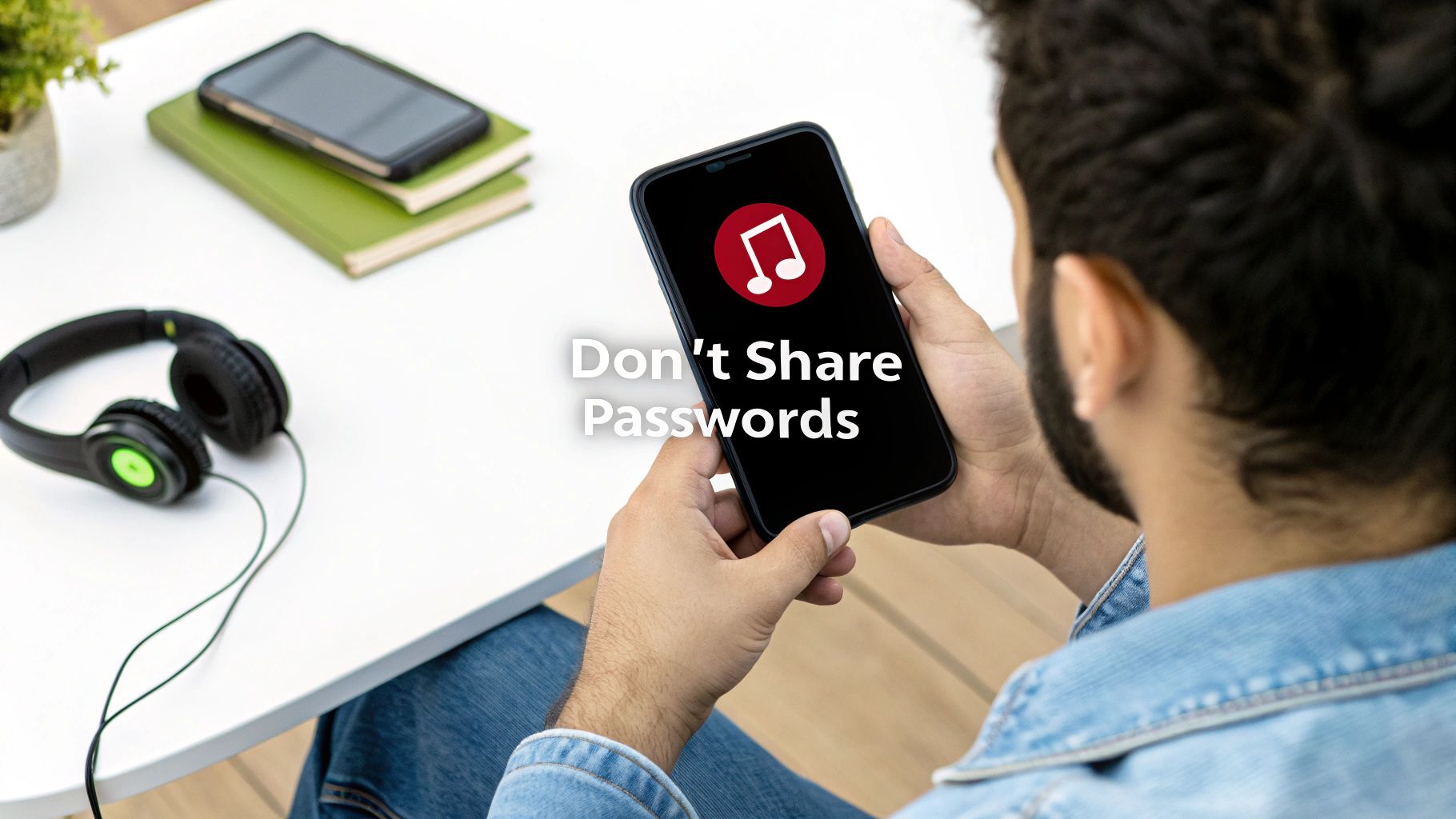 Person holding a smartphone displaying 'Don't Share Passwords' text and a music app icon, with headphones and books on a table.