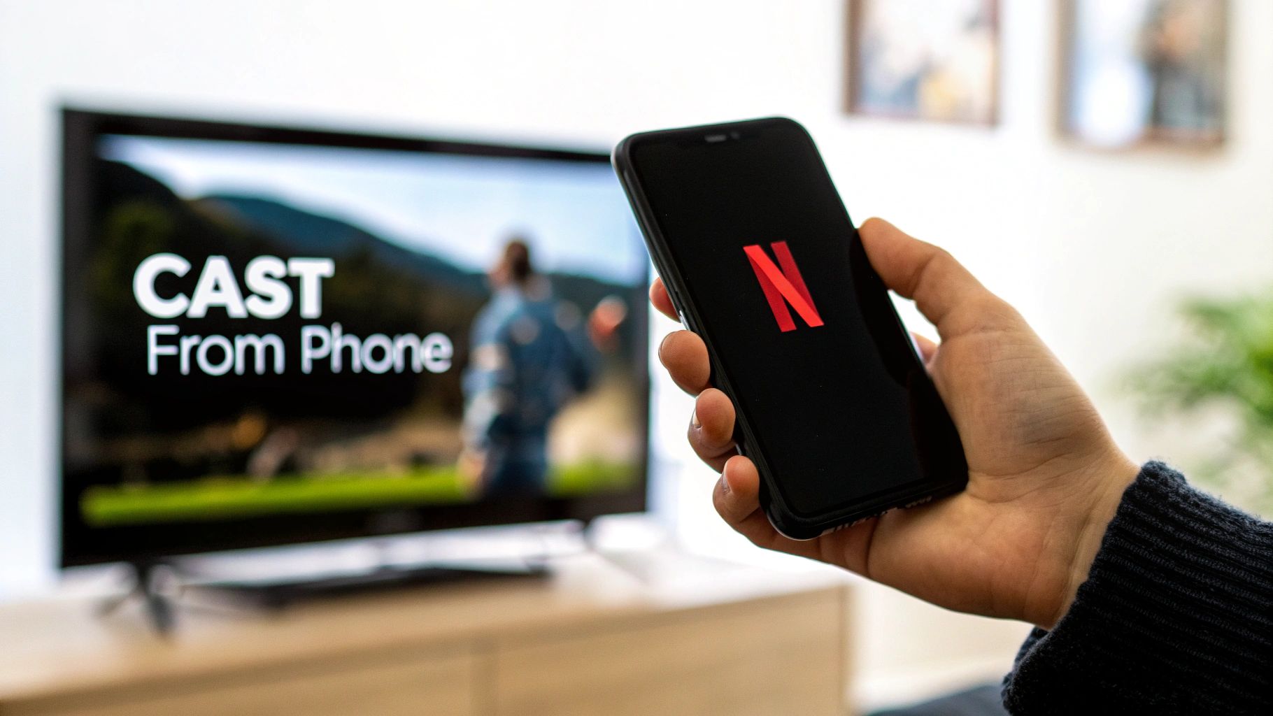A hand holds a smartphone displaying the Netflix logo, with a TV in the background showing 'CAST From Phone'.