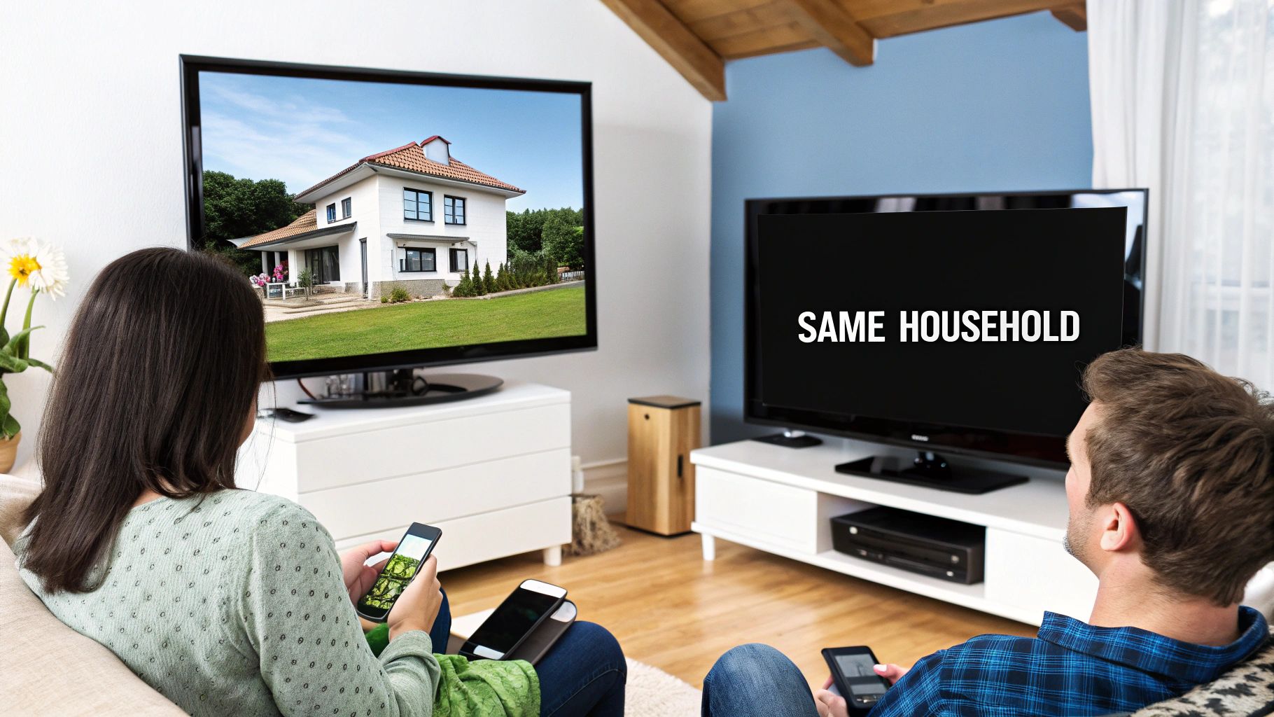 Two people in a living room, one watching a house on TV, the other a screen displaying 'SAME HOUSEHOLD'.