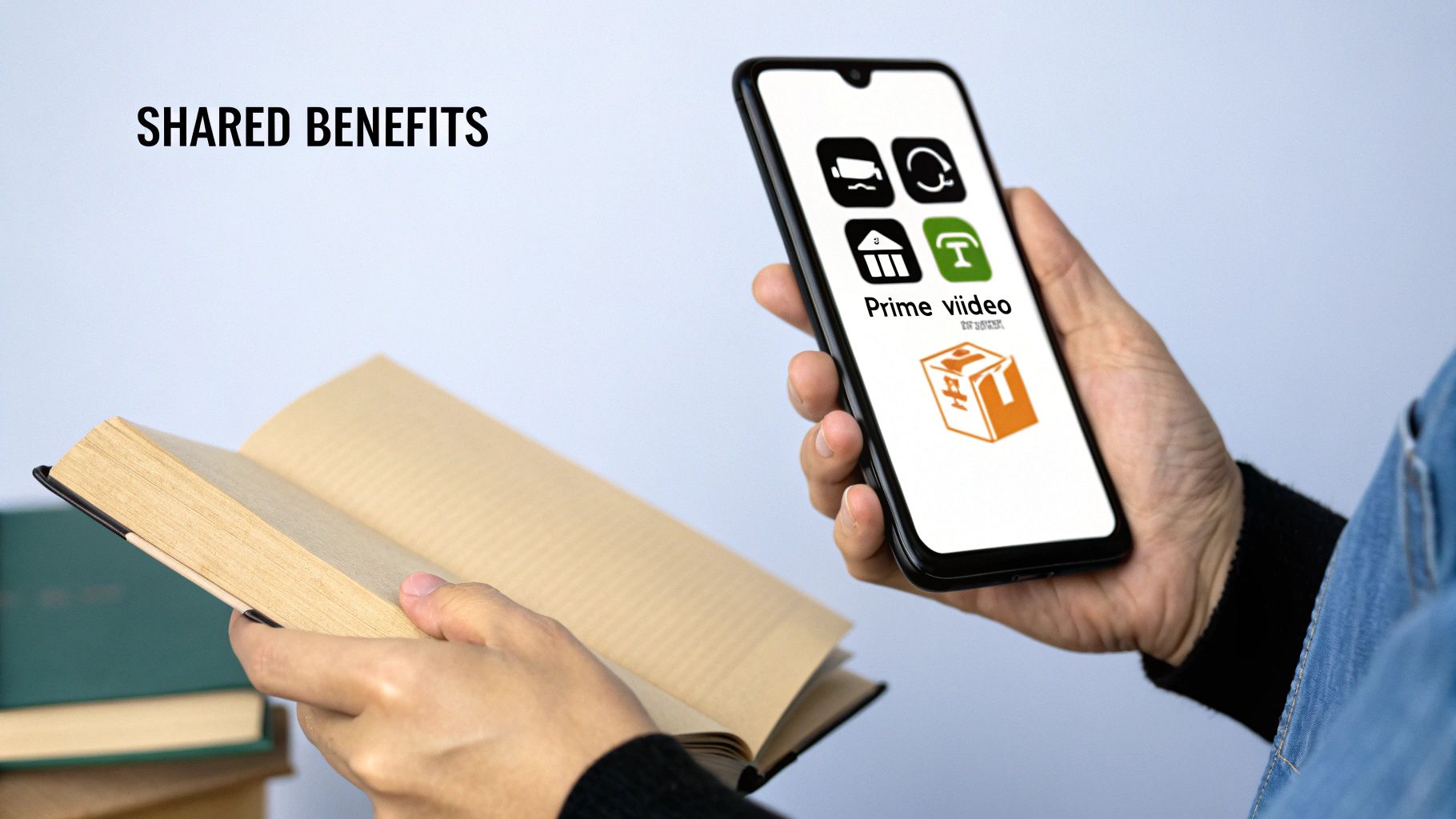 A neatly organized table-like graphic showing icons for shared Amazon Prime benefits on one side and individual benefits on the other.