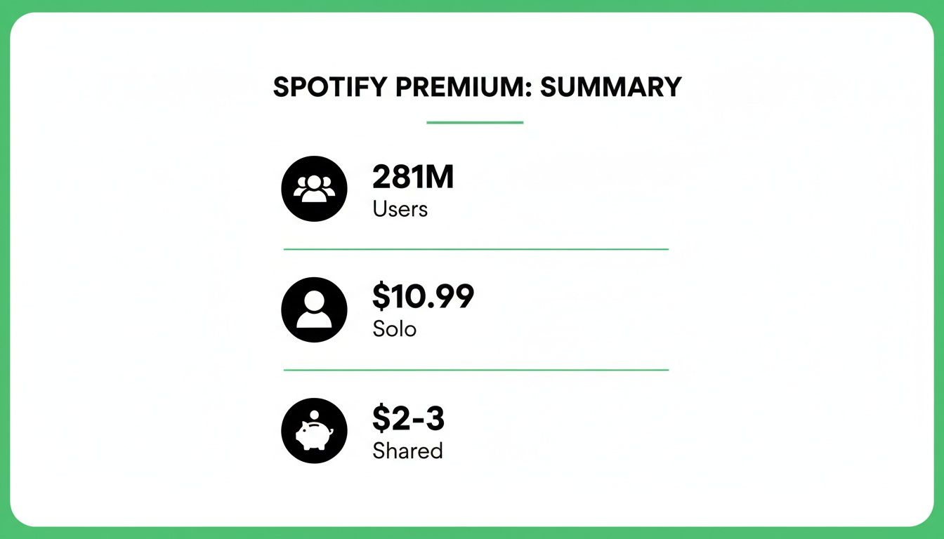 Spotify Premium summary infographic displaying user count, solo plan, and shared plan pricing.