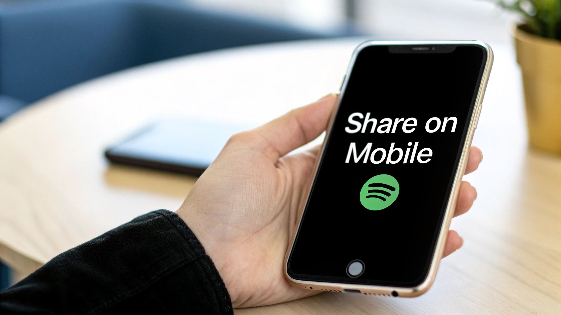 A hand holds a gold smartphone displaying 'Share on Mobile' and the Spotify logo.