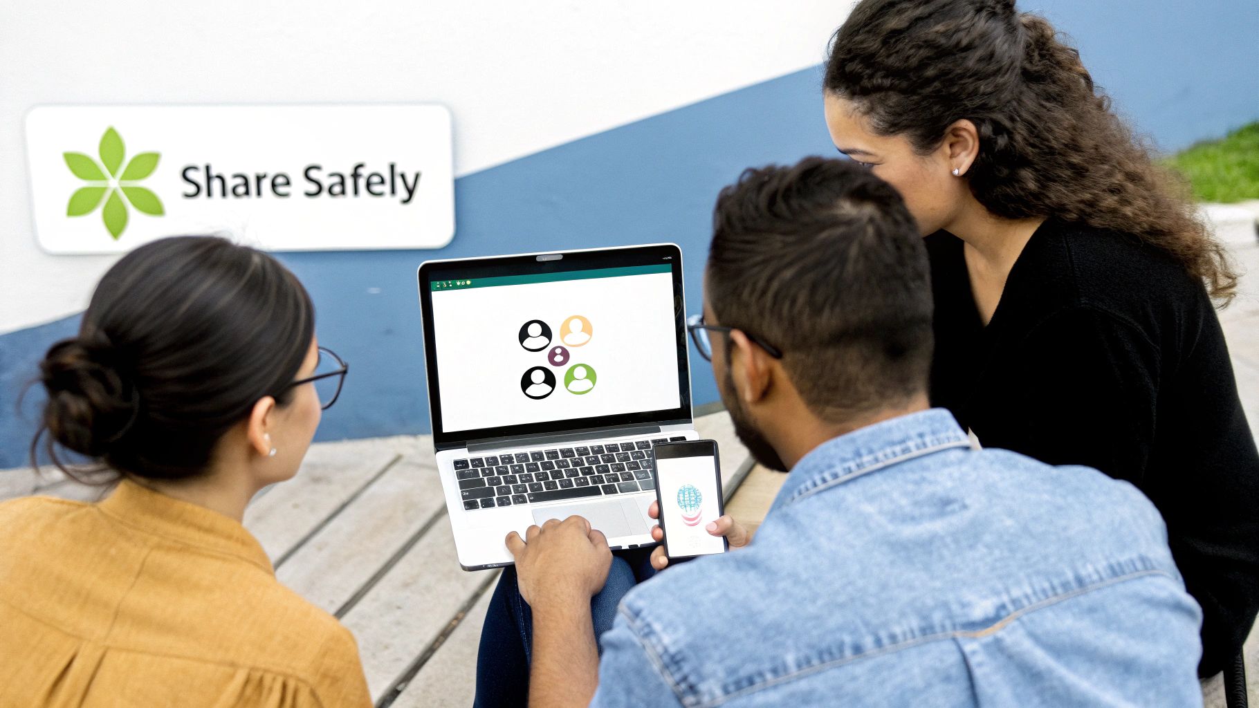 Three people collaborate, looking at a laptop and phone, with a 'Share Safely' sign in the background.