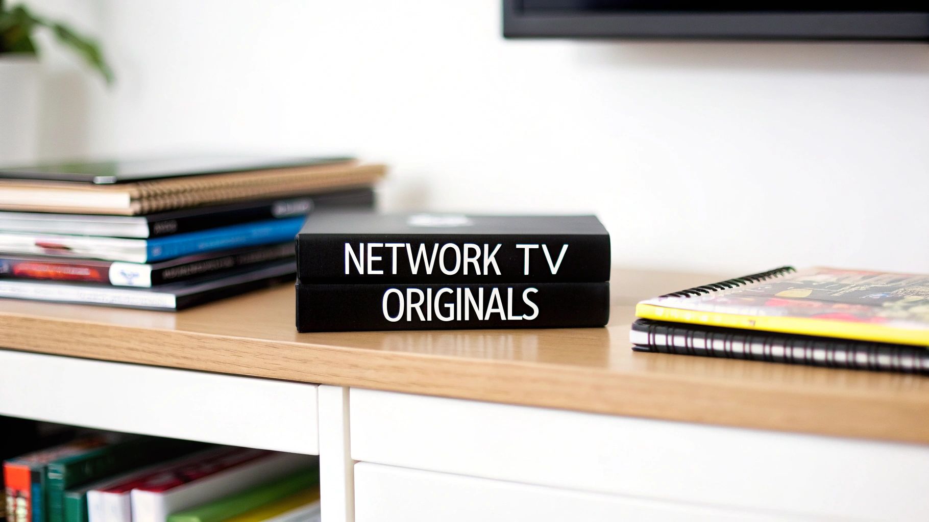 Two black boxes labeled 'NETWORK TV ORIGINALS' stacked on a wooden desk with other books.