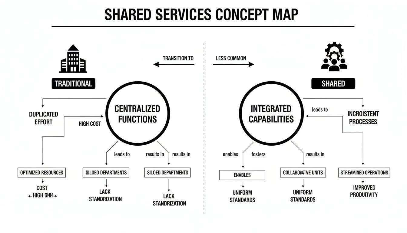 Concept map illustrating the transition from Traditional Centralized Functions to Shared Integrated Capabilities, outlining processes and outcomes.