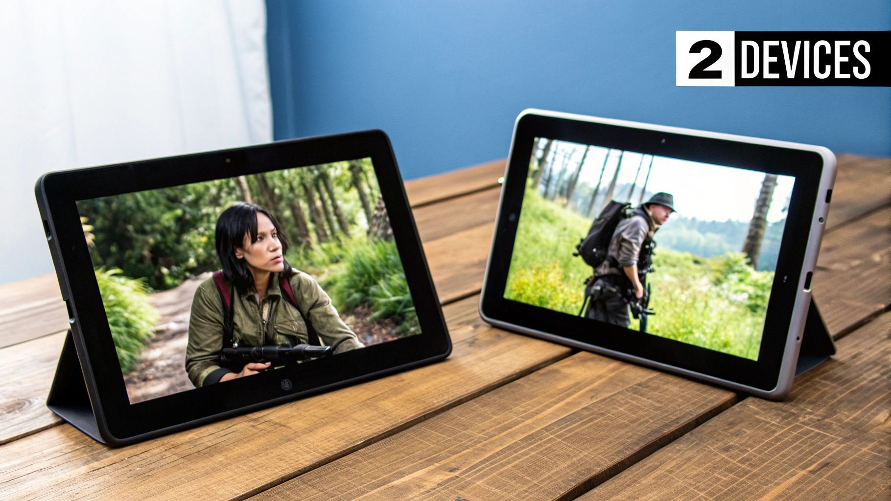 A family enjoying content on a tablet with an Amazon Prime logo overlay