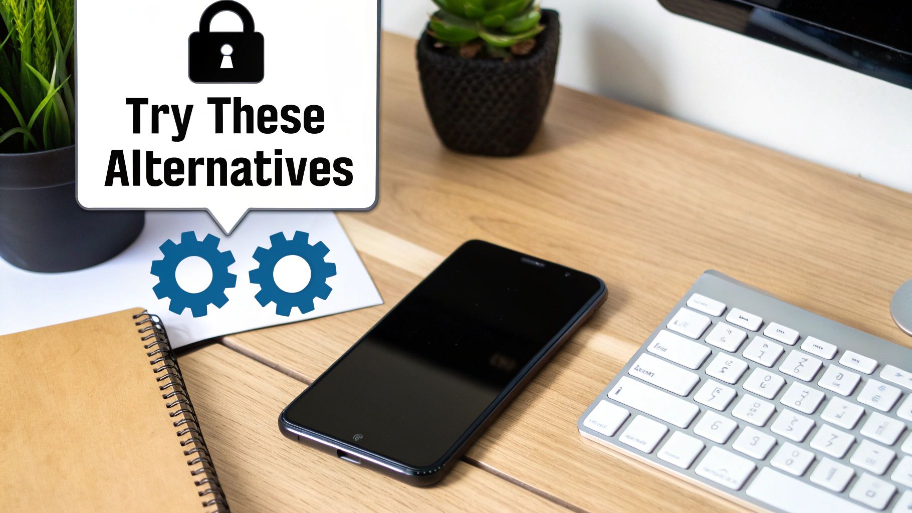 A wooden desk with a padlock, 'Try These Alternatives' speech bubble, blue gears, smartphone, and keyboard.