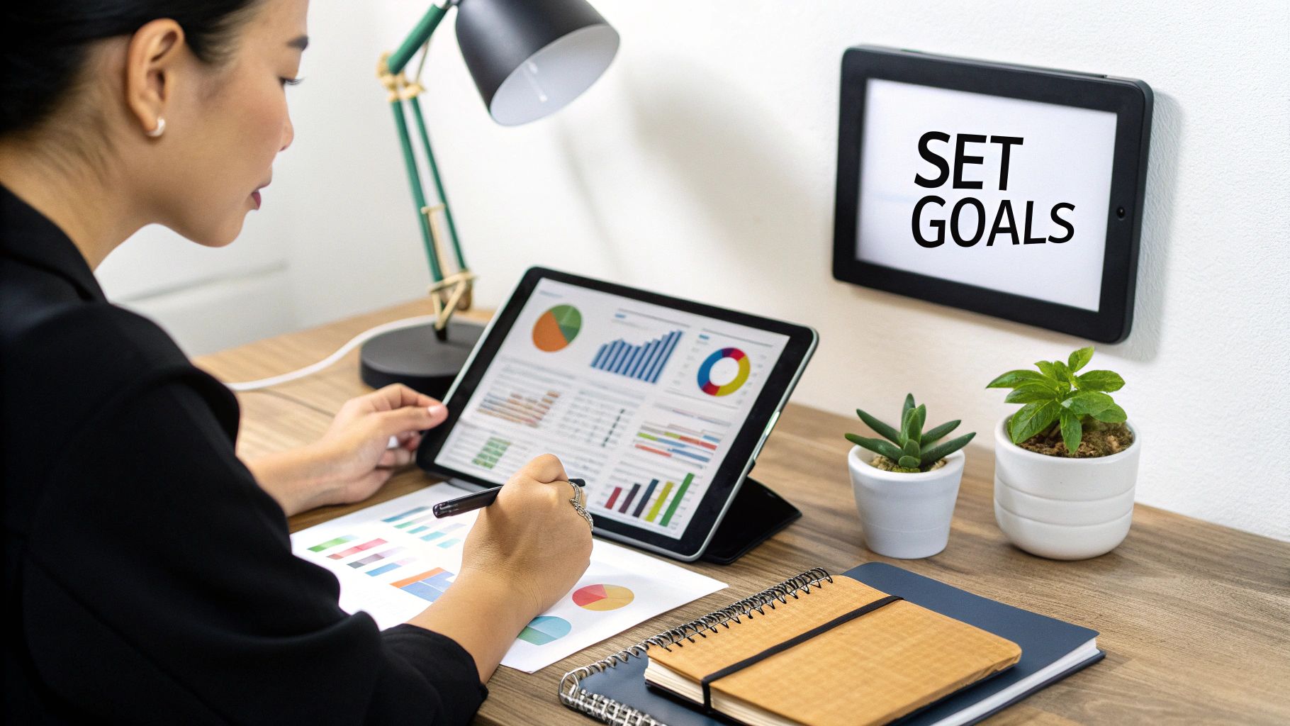 A desk with financial documents, a calculator, and a laptop displaying charts, representing financial planning for a small business.