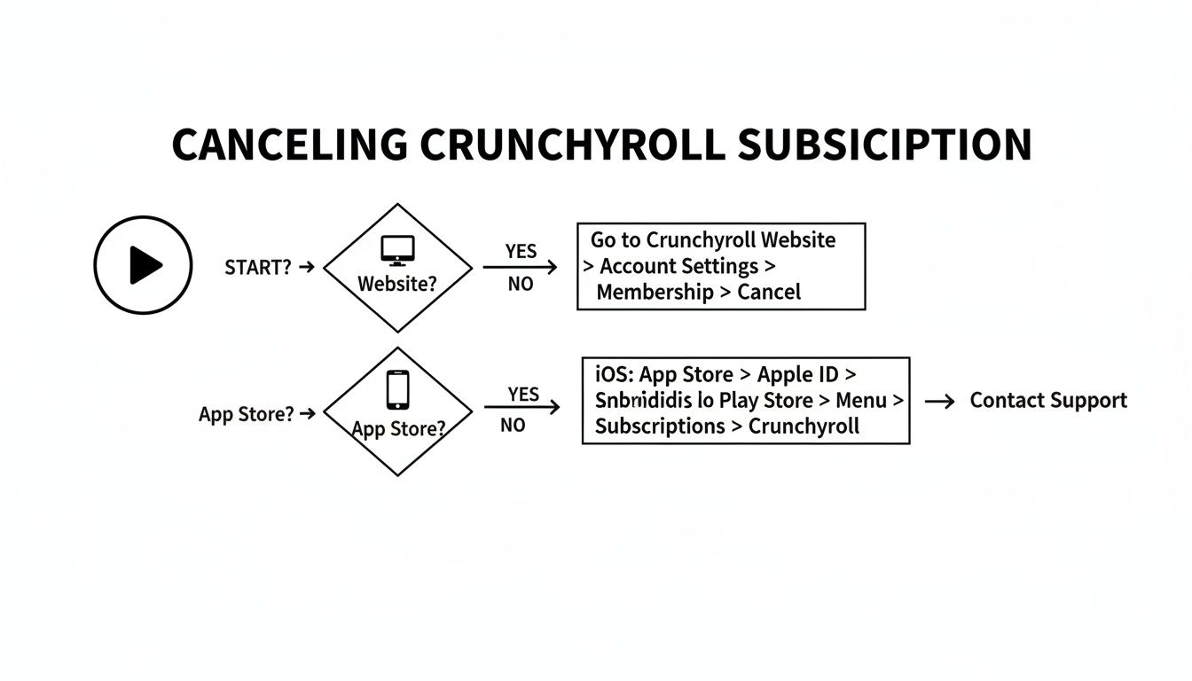Flowchart detailing the steps to cancel a Crunchyroll subscription from website or app store.