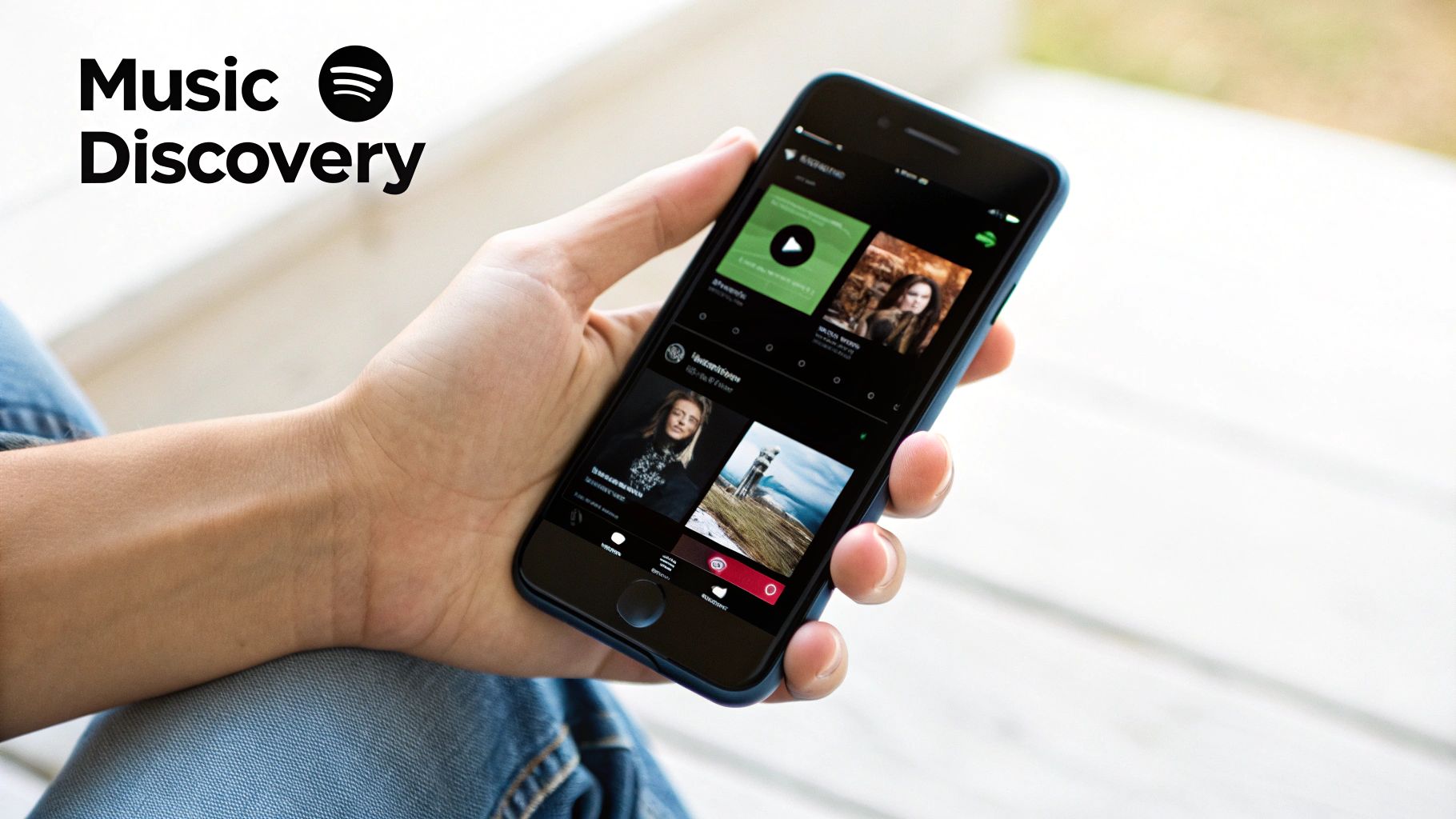 A hand holds a smartphone displaying the Spotify music discovery app with its logo.