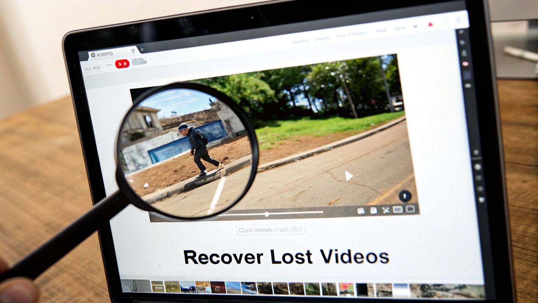 A hand holds a magnifying glass over a laptop screen showing a video of a person walking, with text 'Recover Lost Videos'.