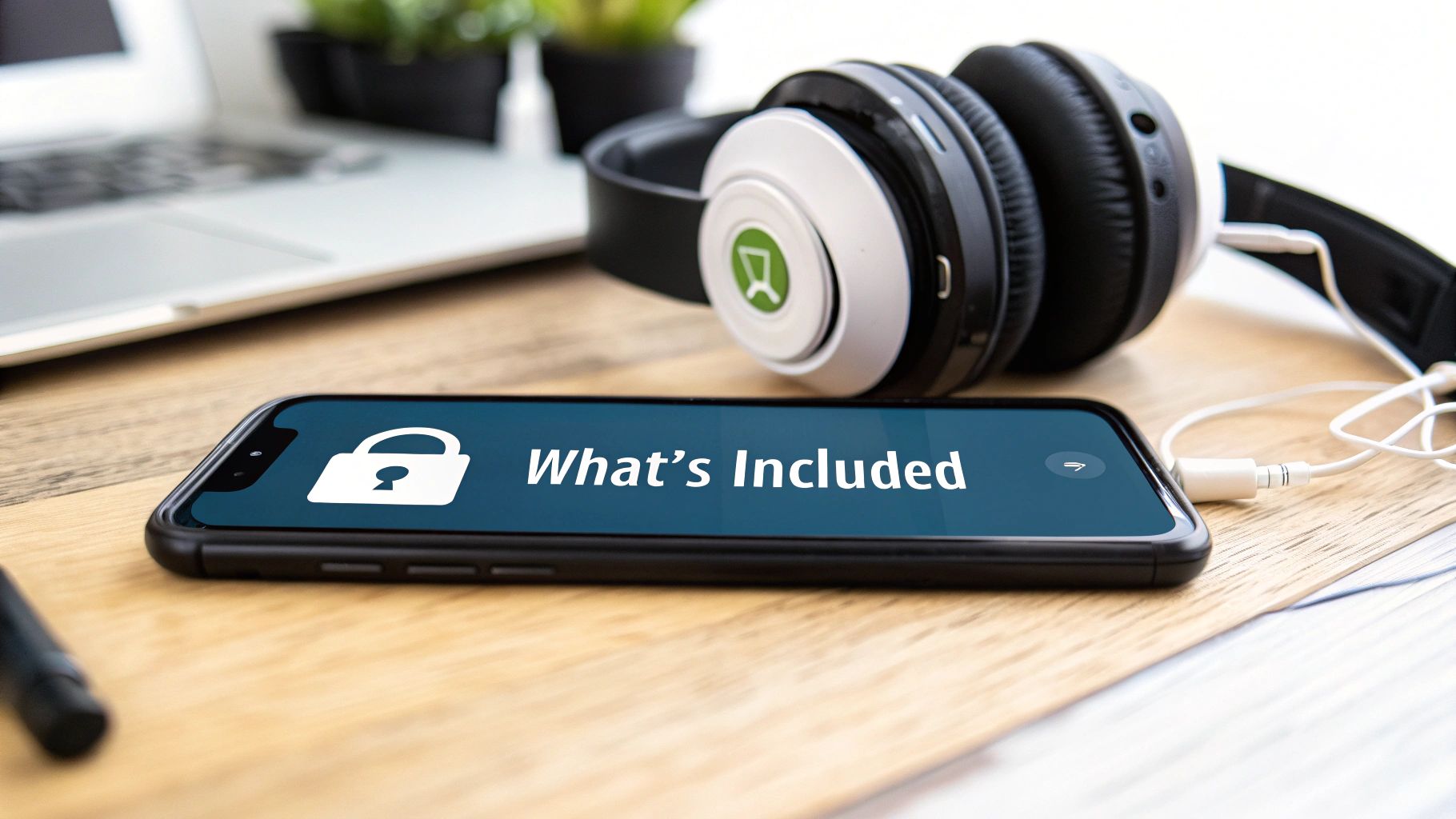 Smartphone displaying 'What's Included' with a padlock icon, connected to headphones on a desk.