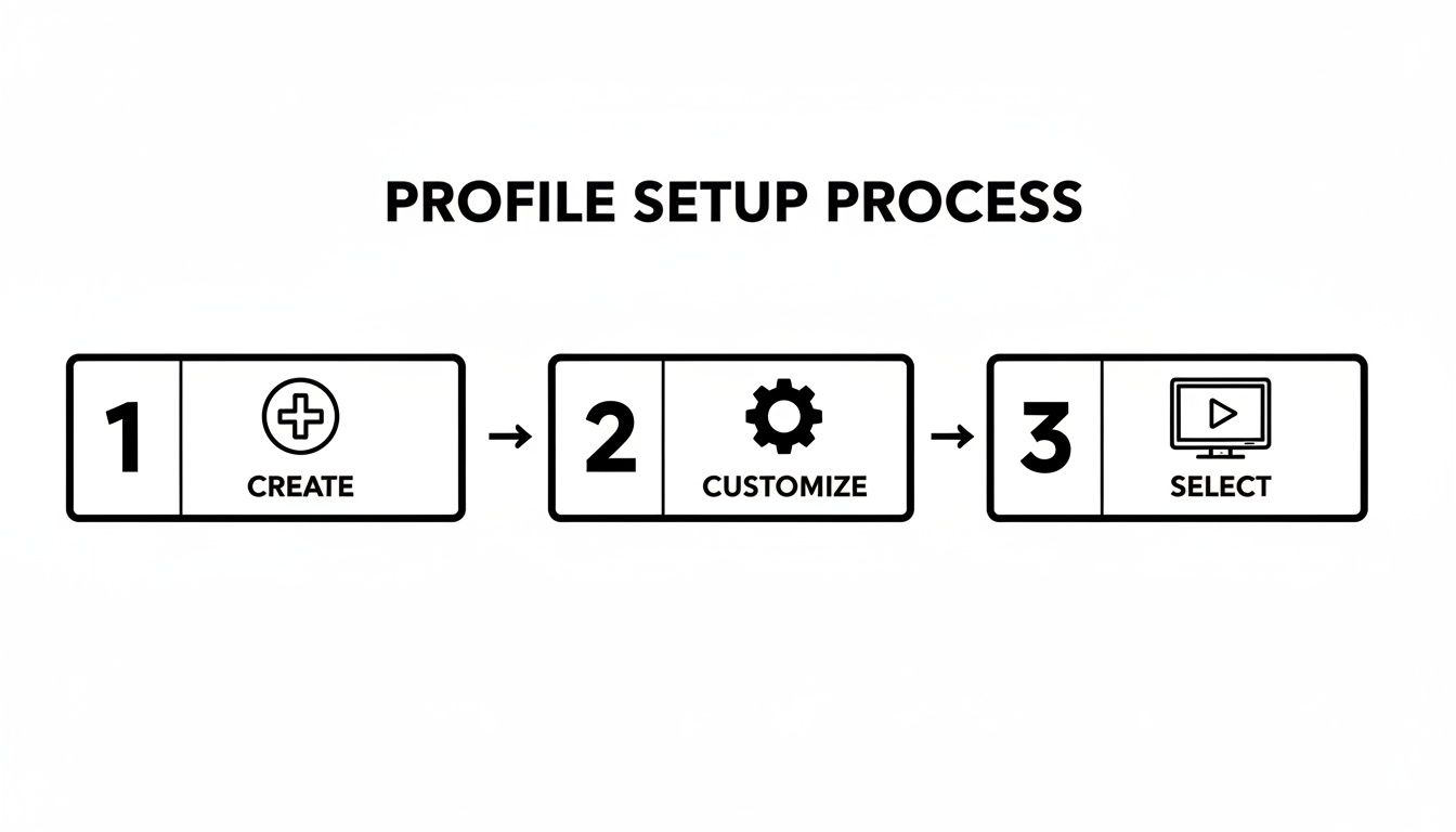 A three-step profile setup process diagram: create, customize, and select content.