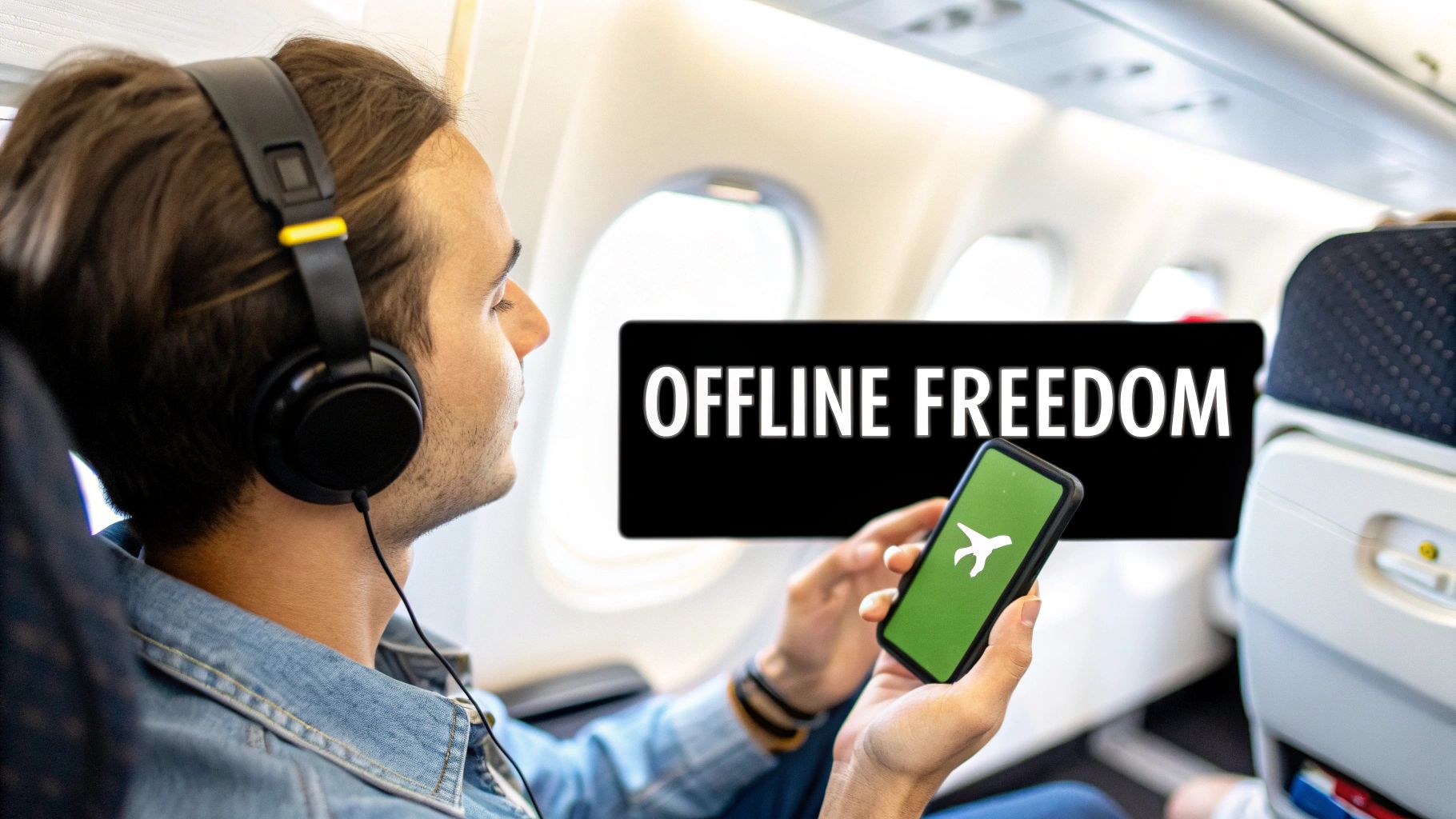A man wearing headphones on an airplane uses his smartphone displaying an airplane icon with "OFFLINE FREEDOM" text.