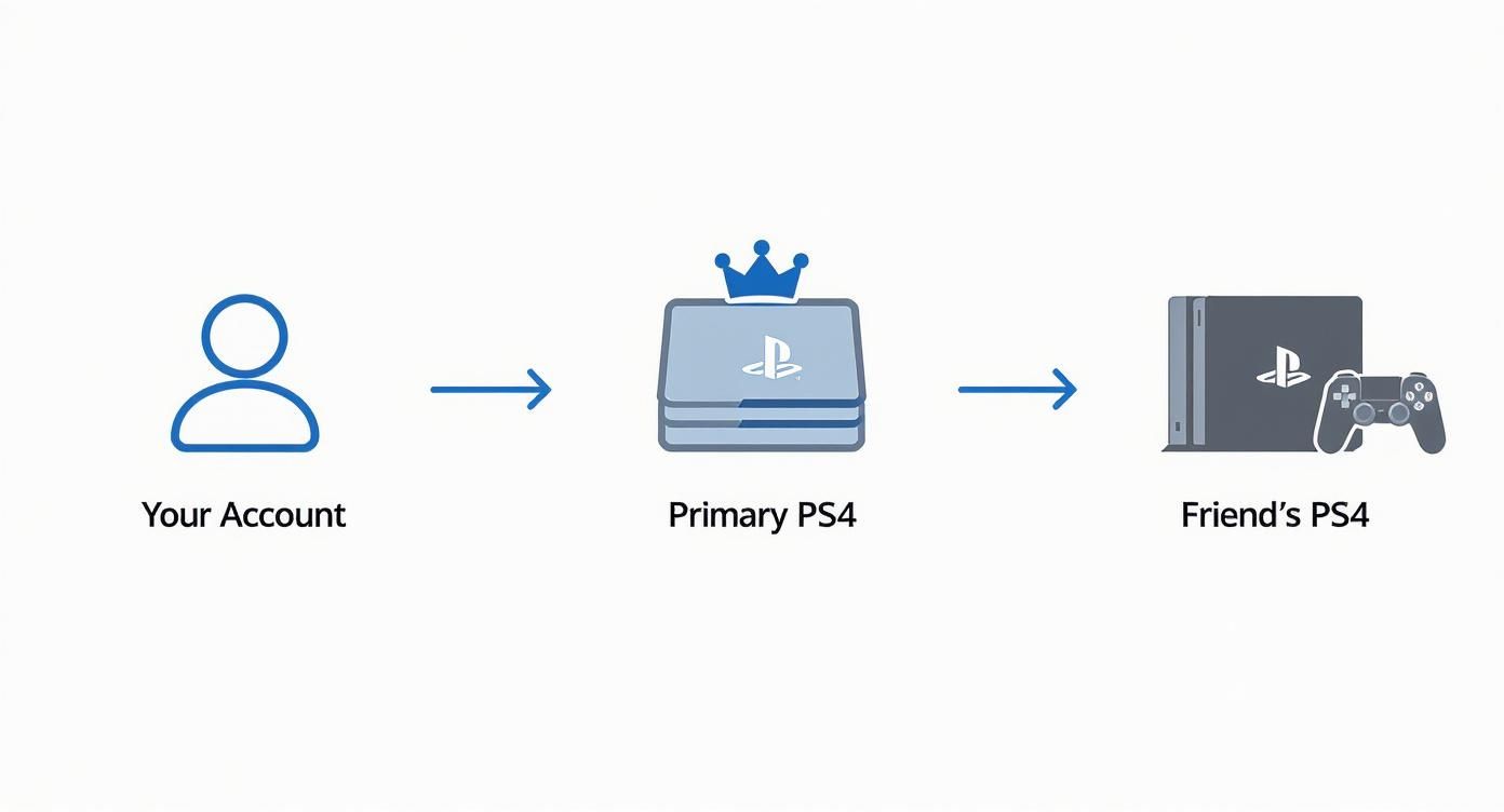 Diagram showing game sharing from a PlayStation account to a primary PS4 and a friend's PS4.