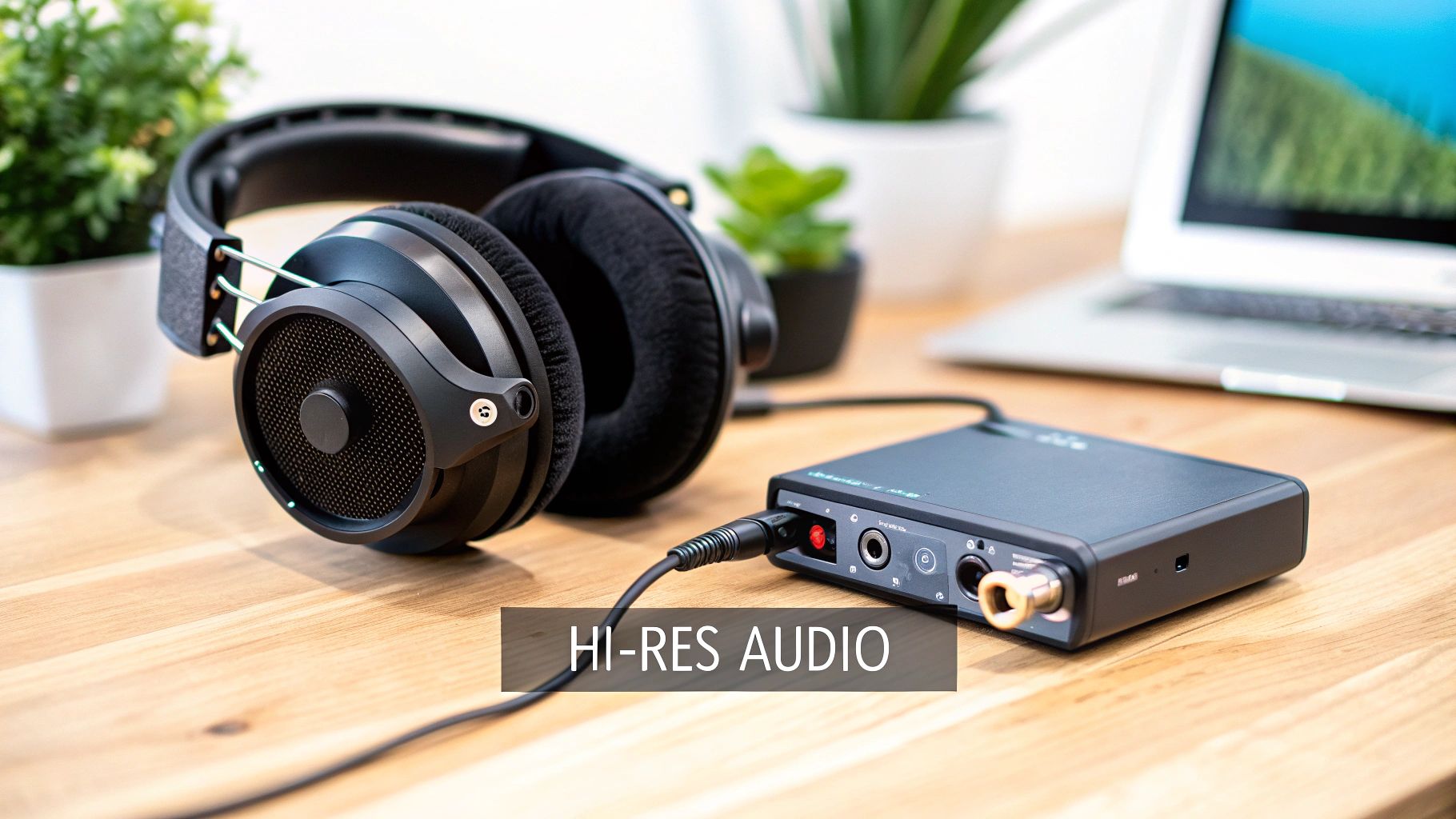 Black over-ear headphones connected to a Hi-Res Audio DAC/amp on a wooden desk with a laptop.