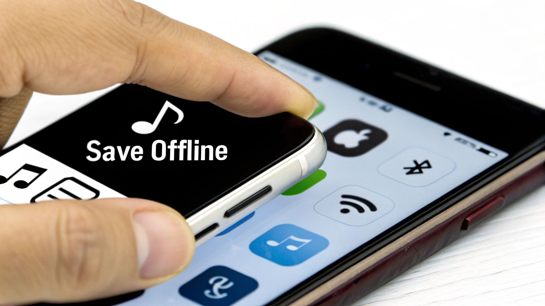 A hand interacts with a smartphone screen showing "Save Offline" text and a music note icon.