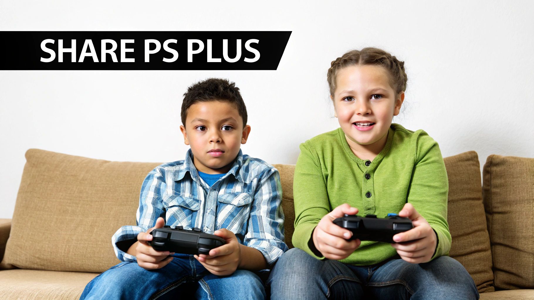 Two children, a boy and a girl, sit on a couch playing video games with controllers.