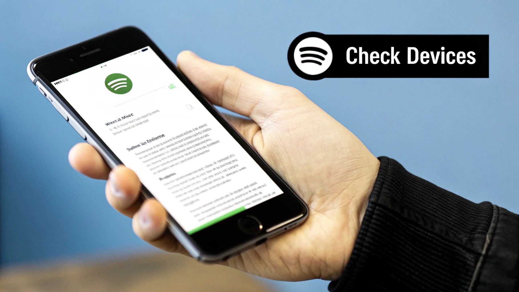 A person wearing headphones and using a smartphone with the Spotify app open