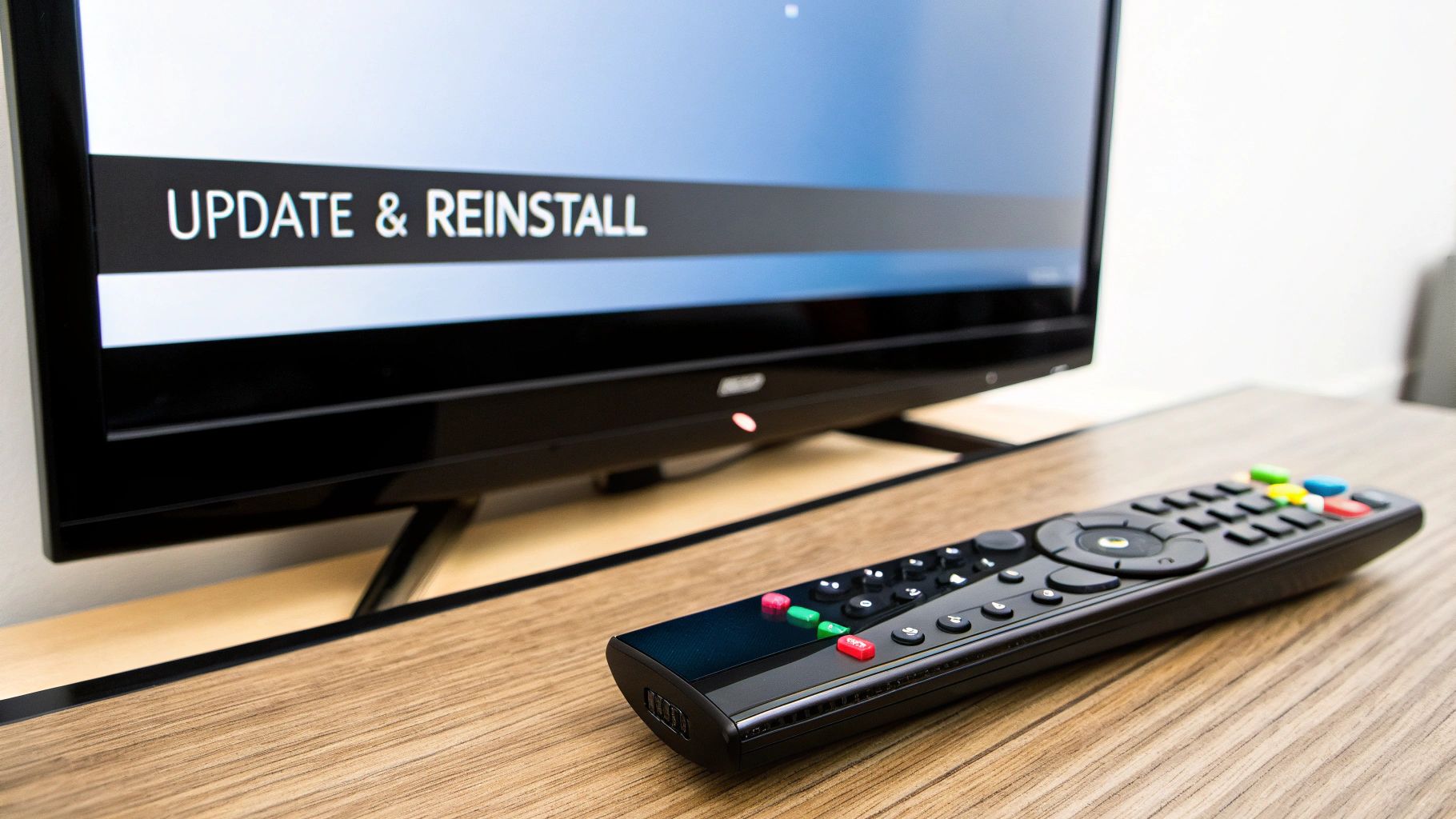 A TV screen showing an 'UPDATE & REINSTALL' message with a remote control on a wooden table.