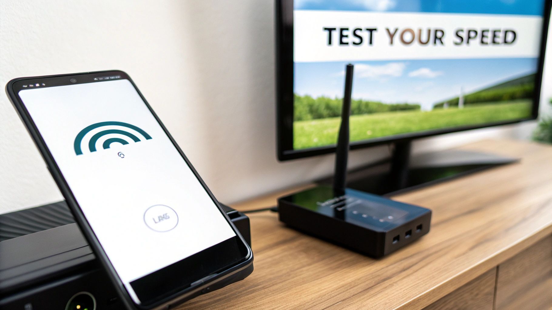 Smartphone running internet speed test app next to wireless router and computer monitor