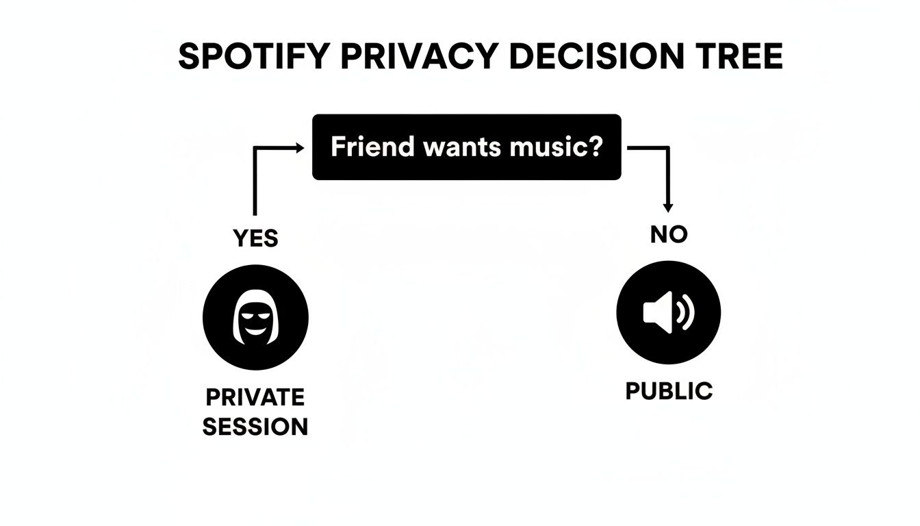 A Spotify privacy decision tree flowchart, asking 'Friend wants music?' leading to private or public sessions.