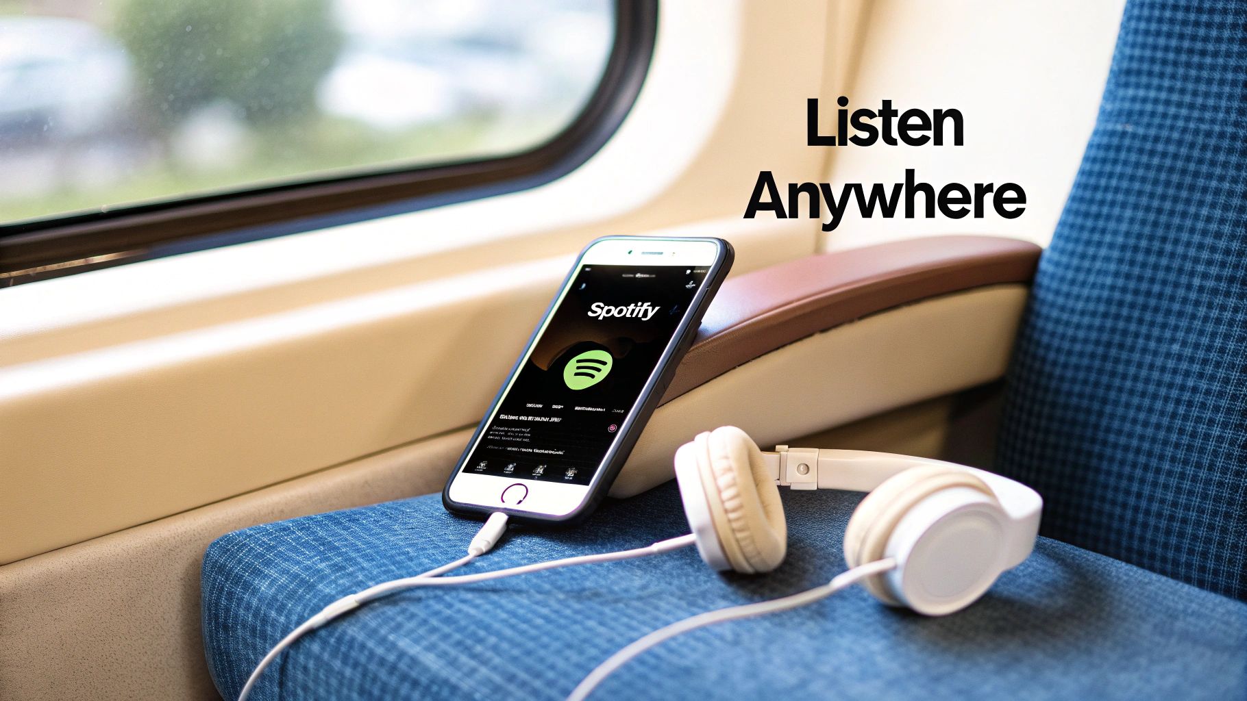 An iPhone displaying the Spotify app and white headphones resting on a blue train seat.