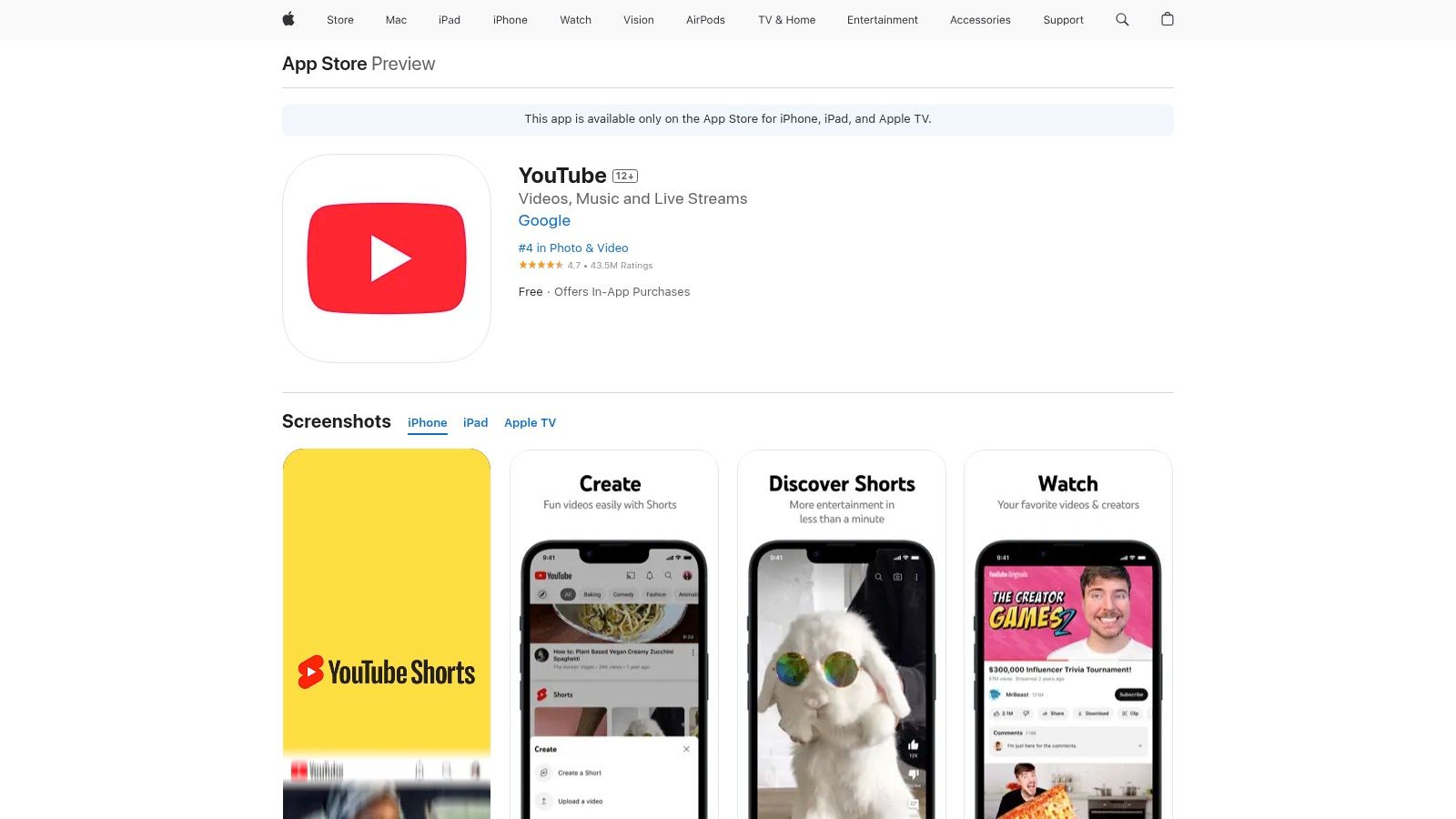 Apple App Store – YouTube (in-app purchase path)