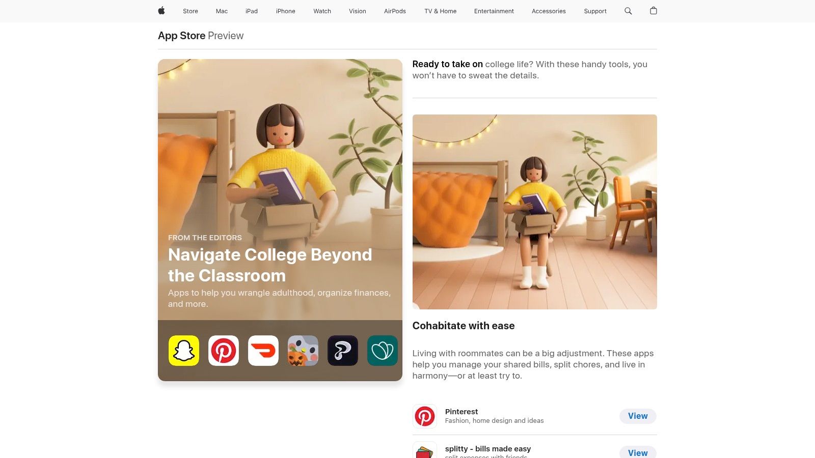 Apple App Store (editorial collections for college life)