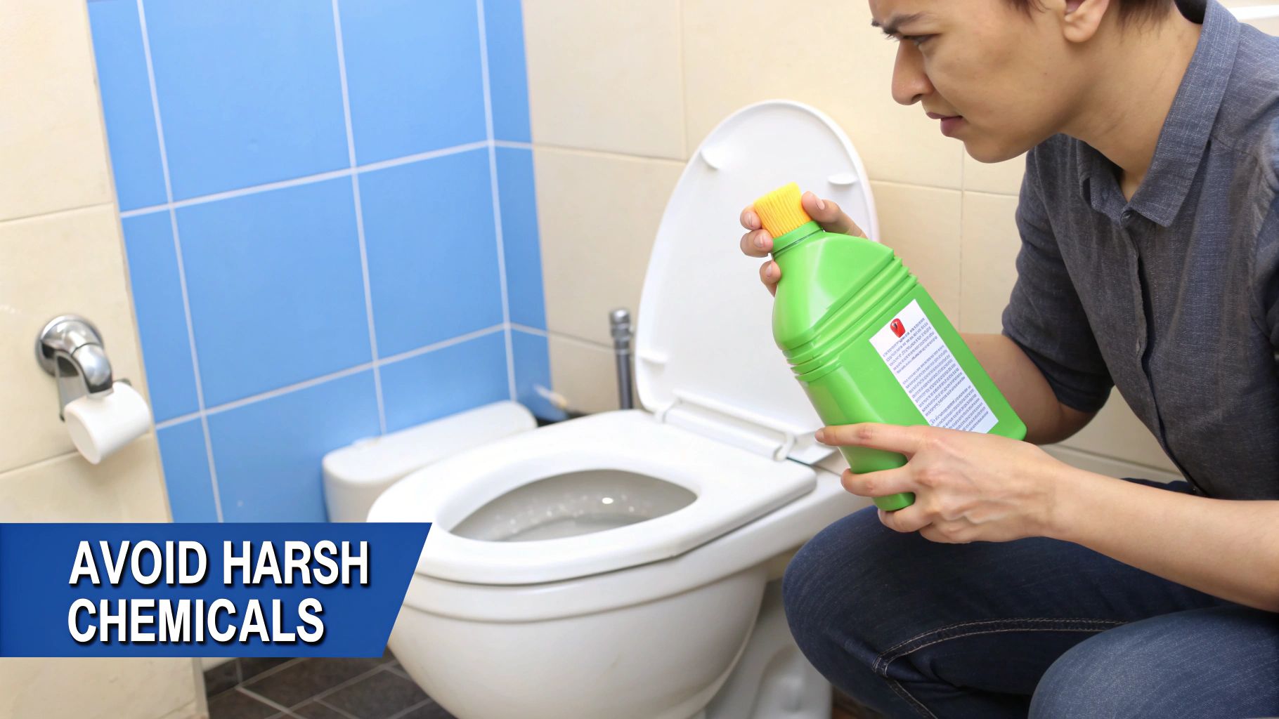 A person looks into a toilet, holding a green chemical bottle, with a "AVOID HARSH CHEMICALS" banner.