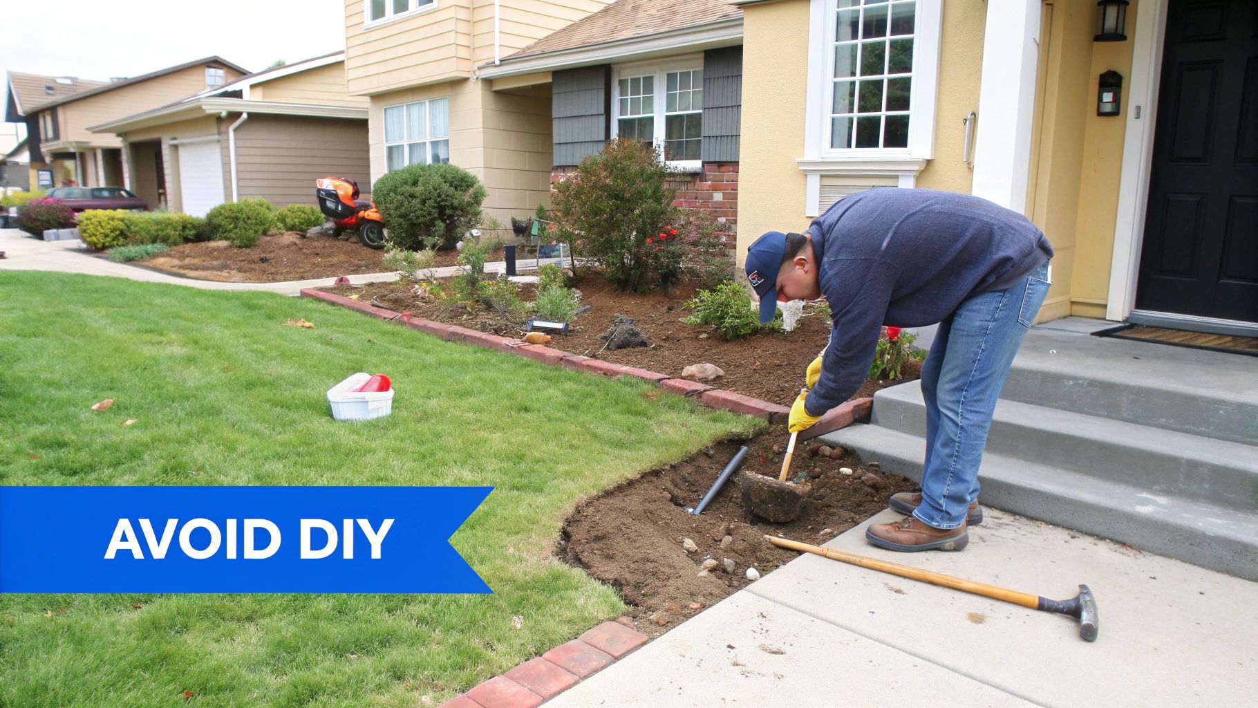 A man in a blue cap and yellow gloves digs in a garden bed near a house, with an 'AVOID DIY' banner.